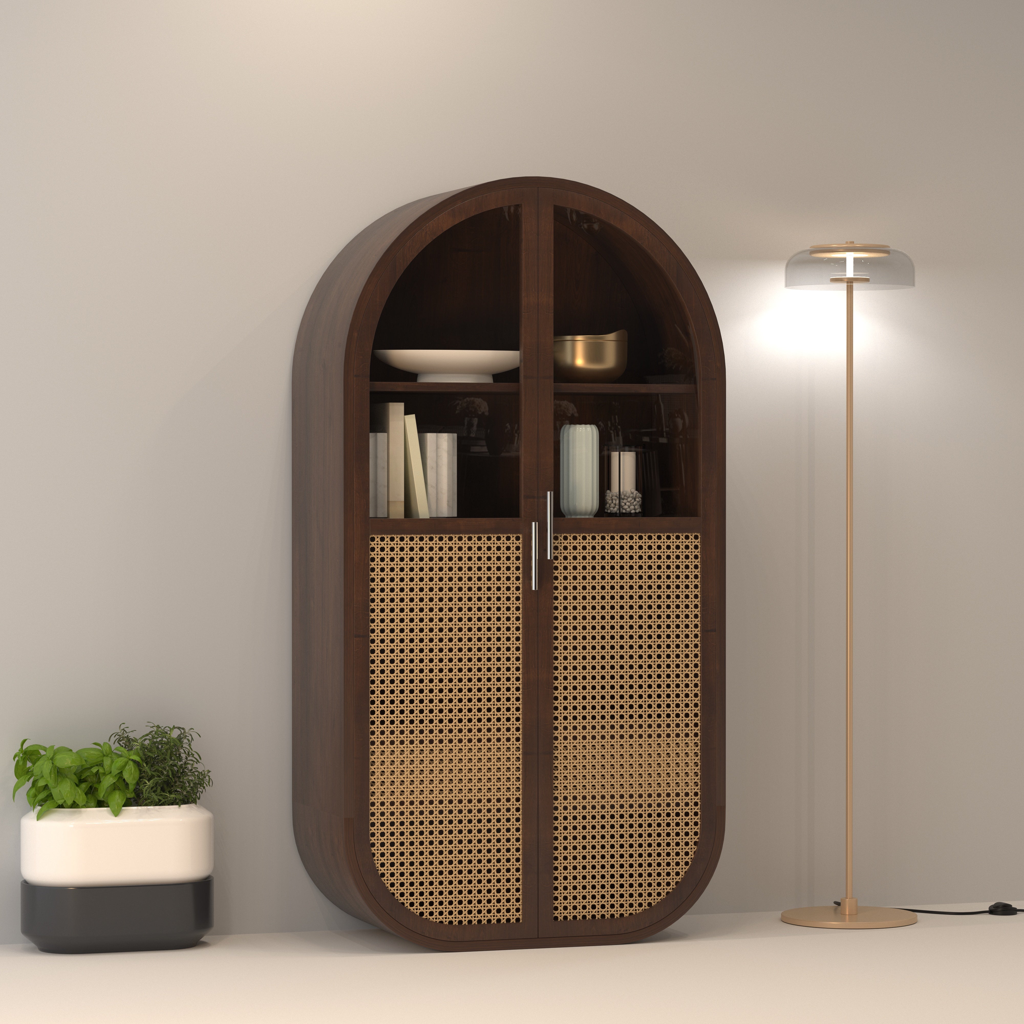 Orvello Grand Arch European Luxury Wardrobe with Artisan Cane Doors and Curved Architectural Frame Wardrobe