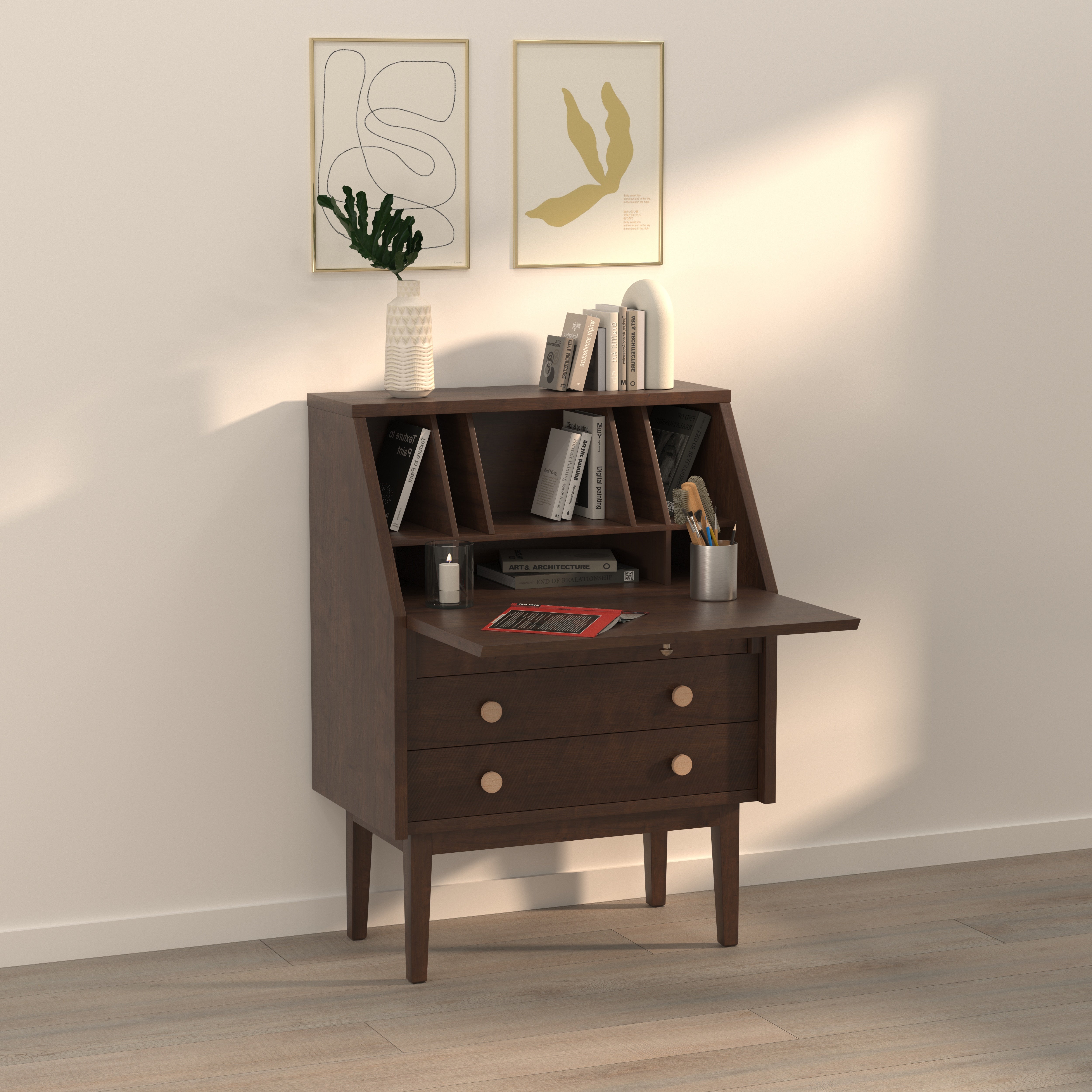 Secretary Desk with Drop-Front Writing Surface & Cubbyholes - Espresso Study Table