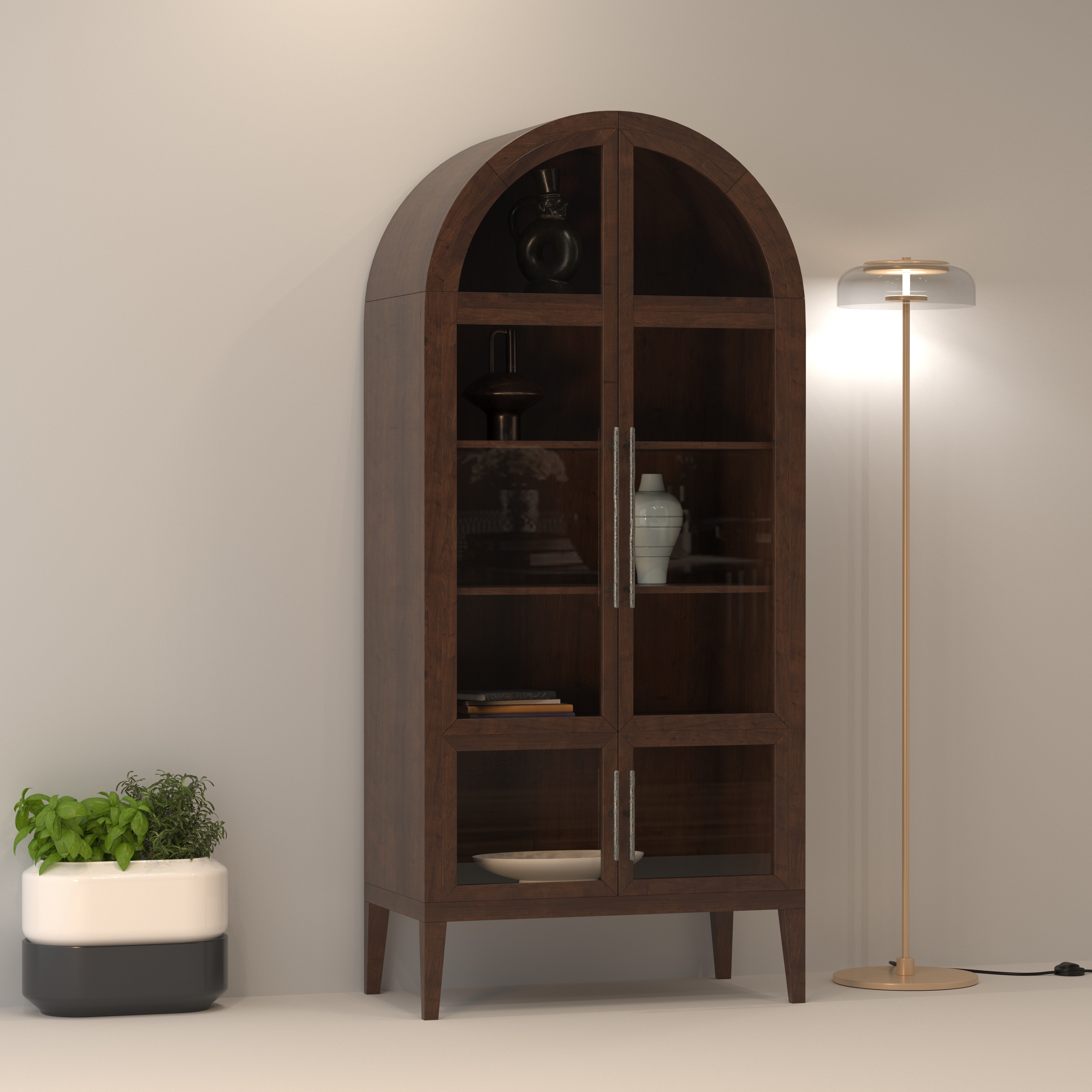 Alverro Grand Arch European Luxury Wardrobe with Glass Display Doors and Sculpted Wooden Frame Wardrobe