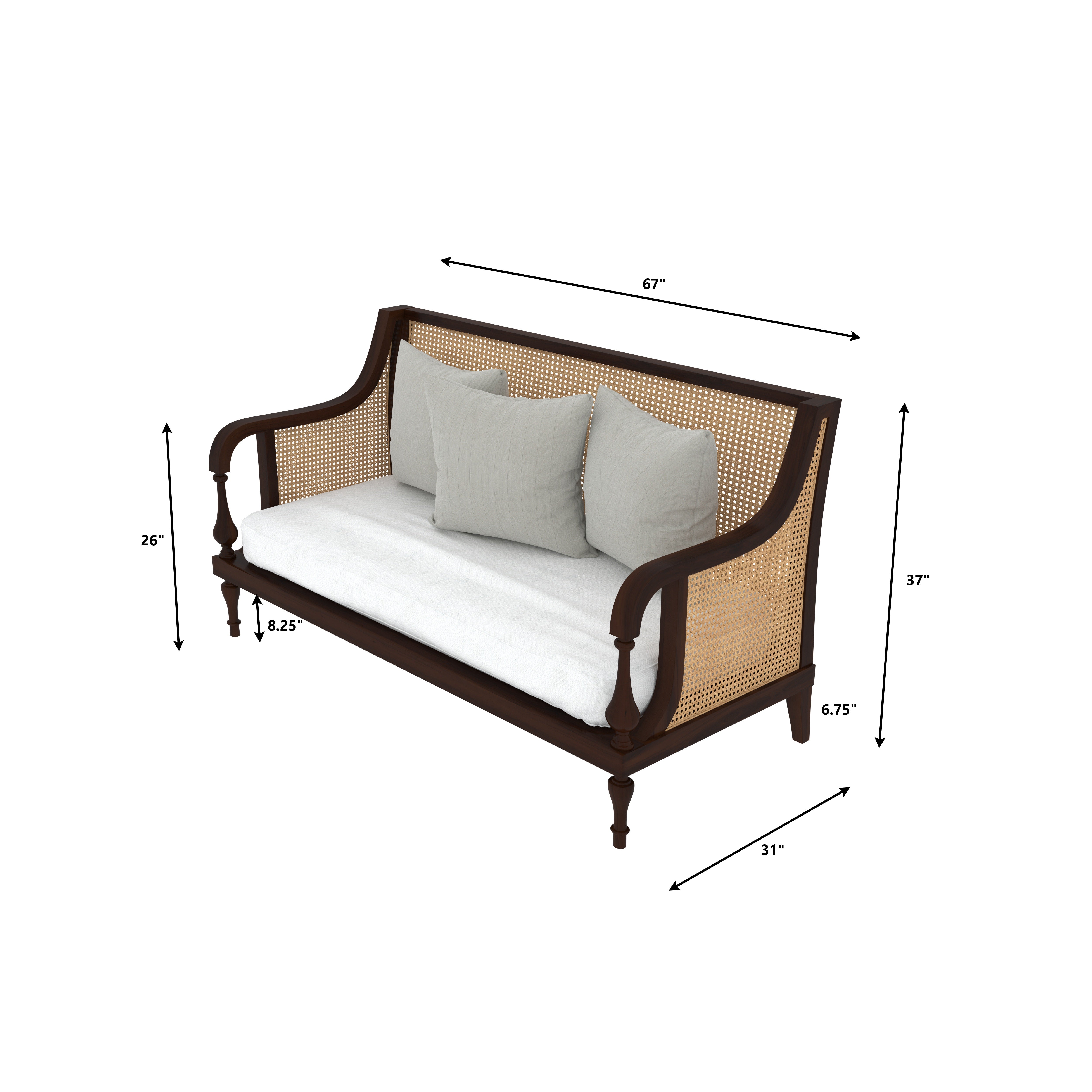 Elegant Wooden Cane-Back Sofa with Cushions – Classic Rattan Style Sofa