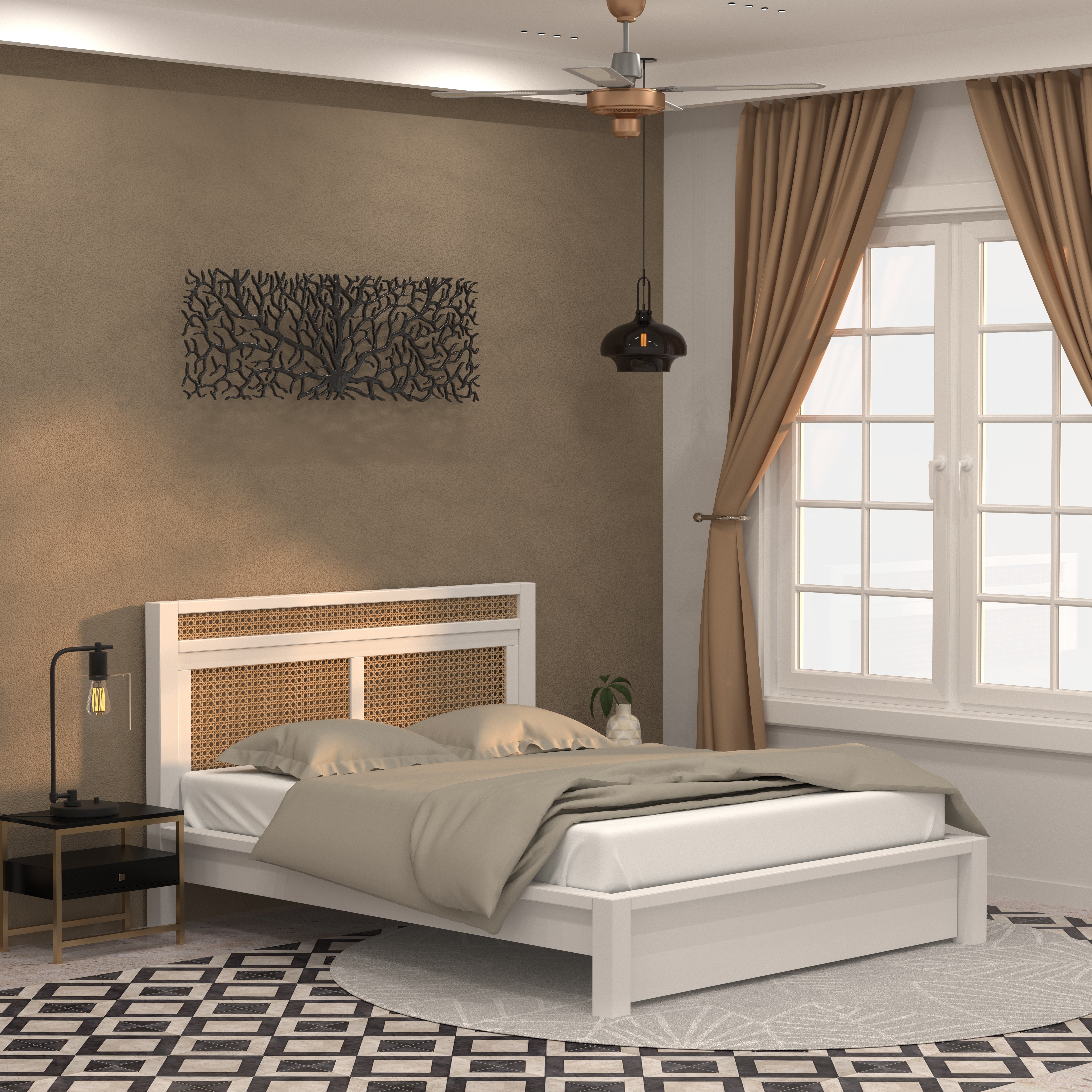 Barcelona Modern Bed with Multi-Panel Cane Headboard Bed