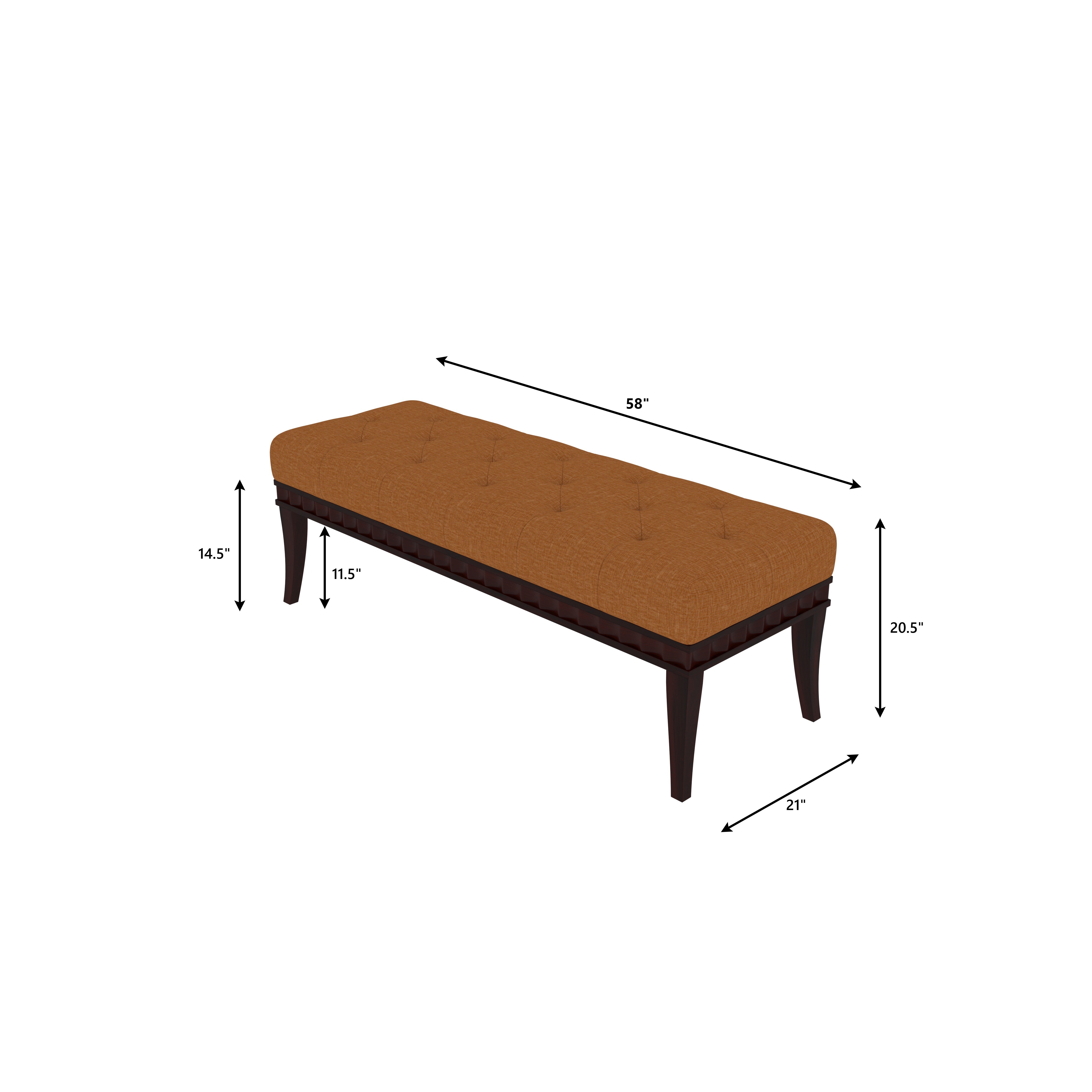 Elegant Tufted Bench with Burnt Orange Upholstery and Curved Dark Wood Legs Bench