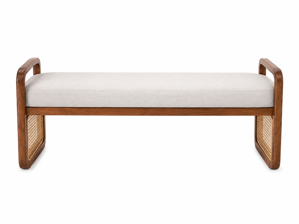 Contemporary Cane Bench with Upholstered Seat and Curved Armrests Bench