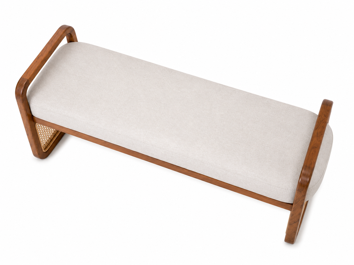 Contemporary Cane Bench with Upholstered Seat and Curved Armrests Bench