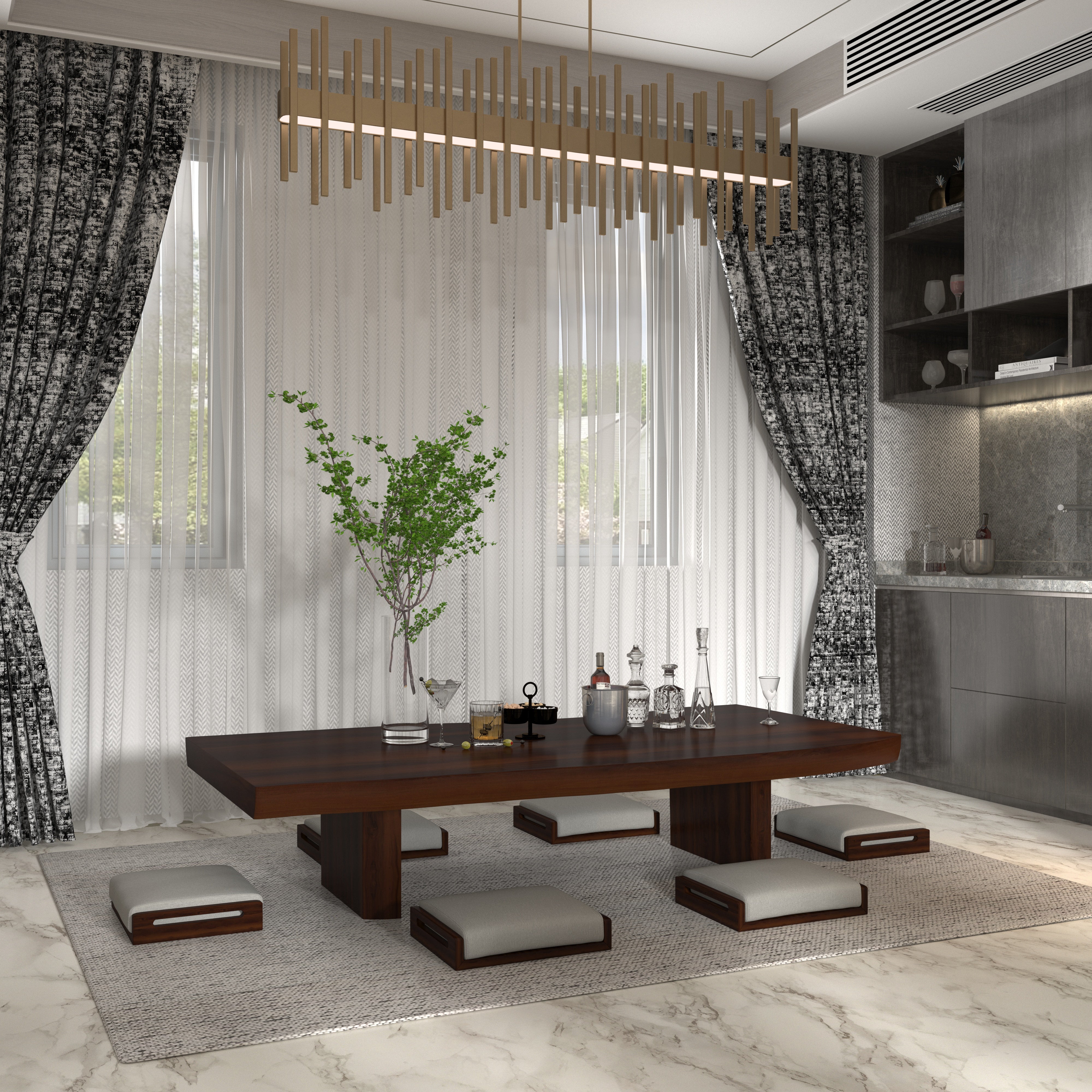 Contemporary Floor Dining Table with Cushioned Seating in Luxe Space Japanese Dining Set