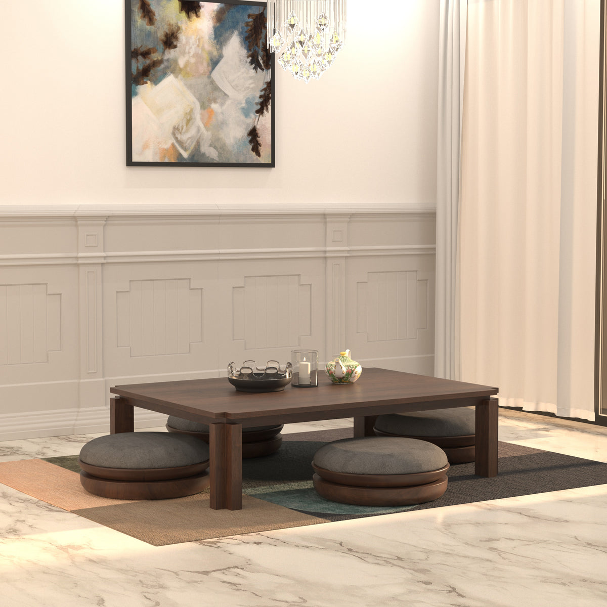 Minimalist Rectangular Dining Table with Low Round Seating Japanese Dining Set