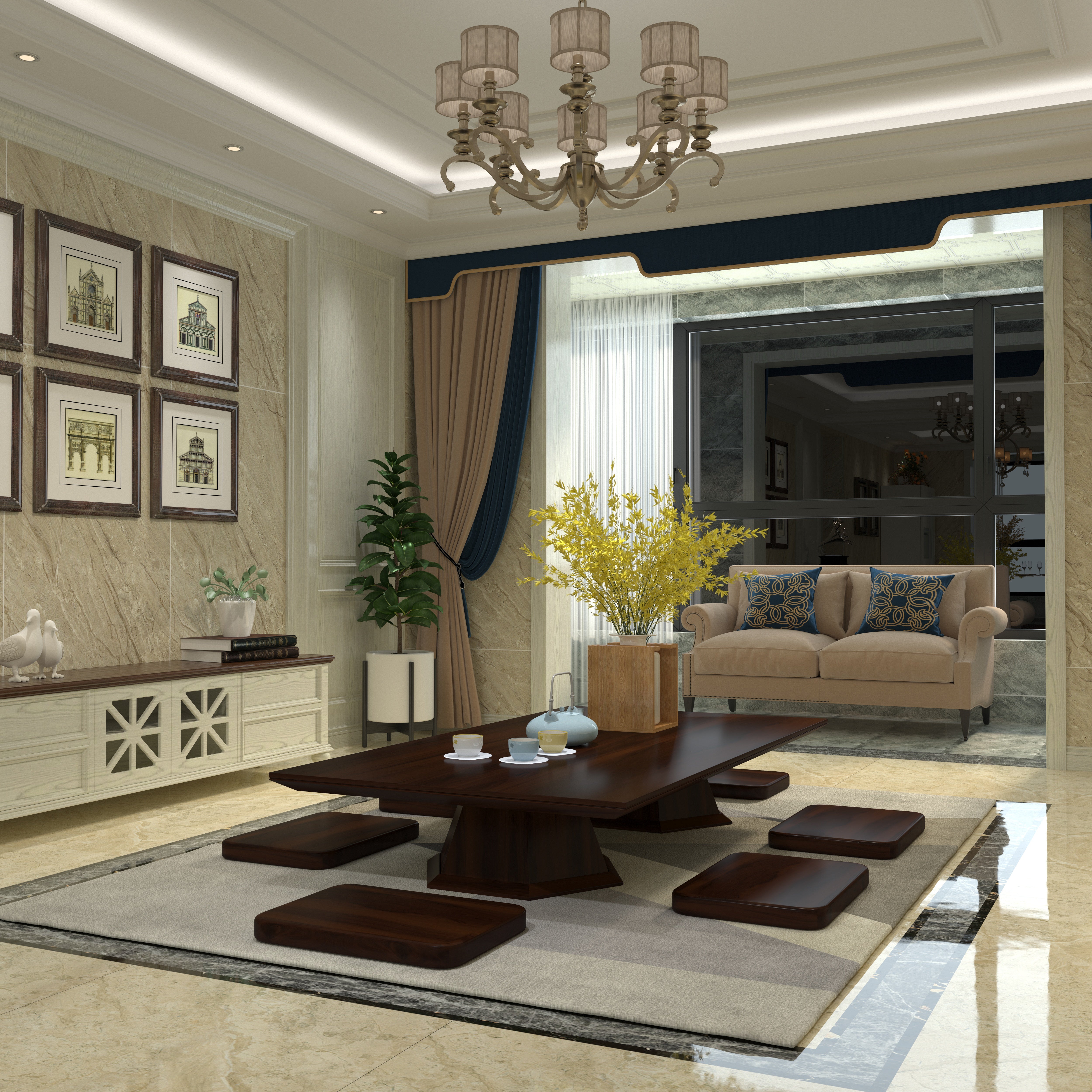 Luxurious Living Room with Japanese-Style Wooden Seating & Classic Décor Japanese Dining Set