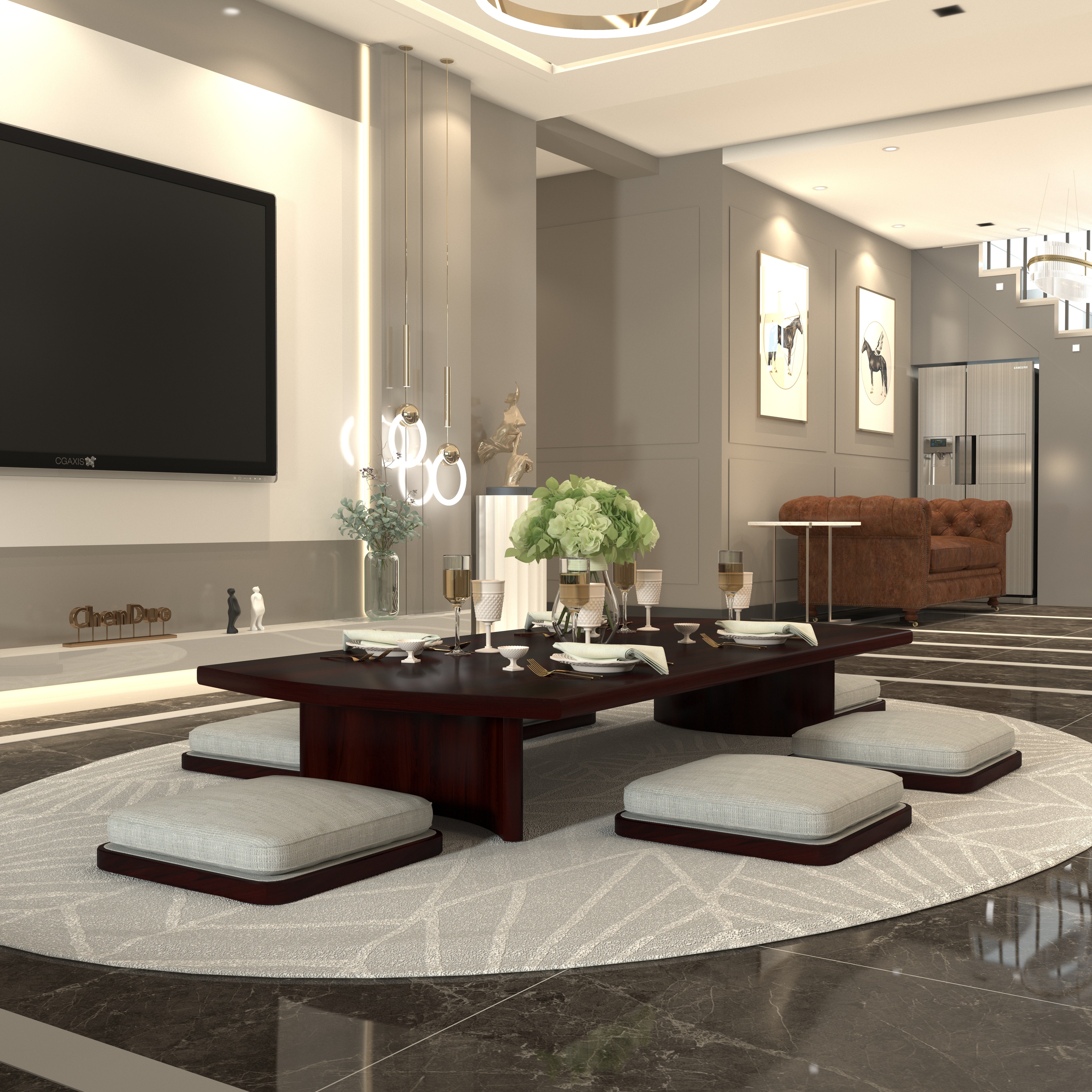 Elegant Floor Dining Setup with Rich Wooden Table & Cushions Japanese Dining Set