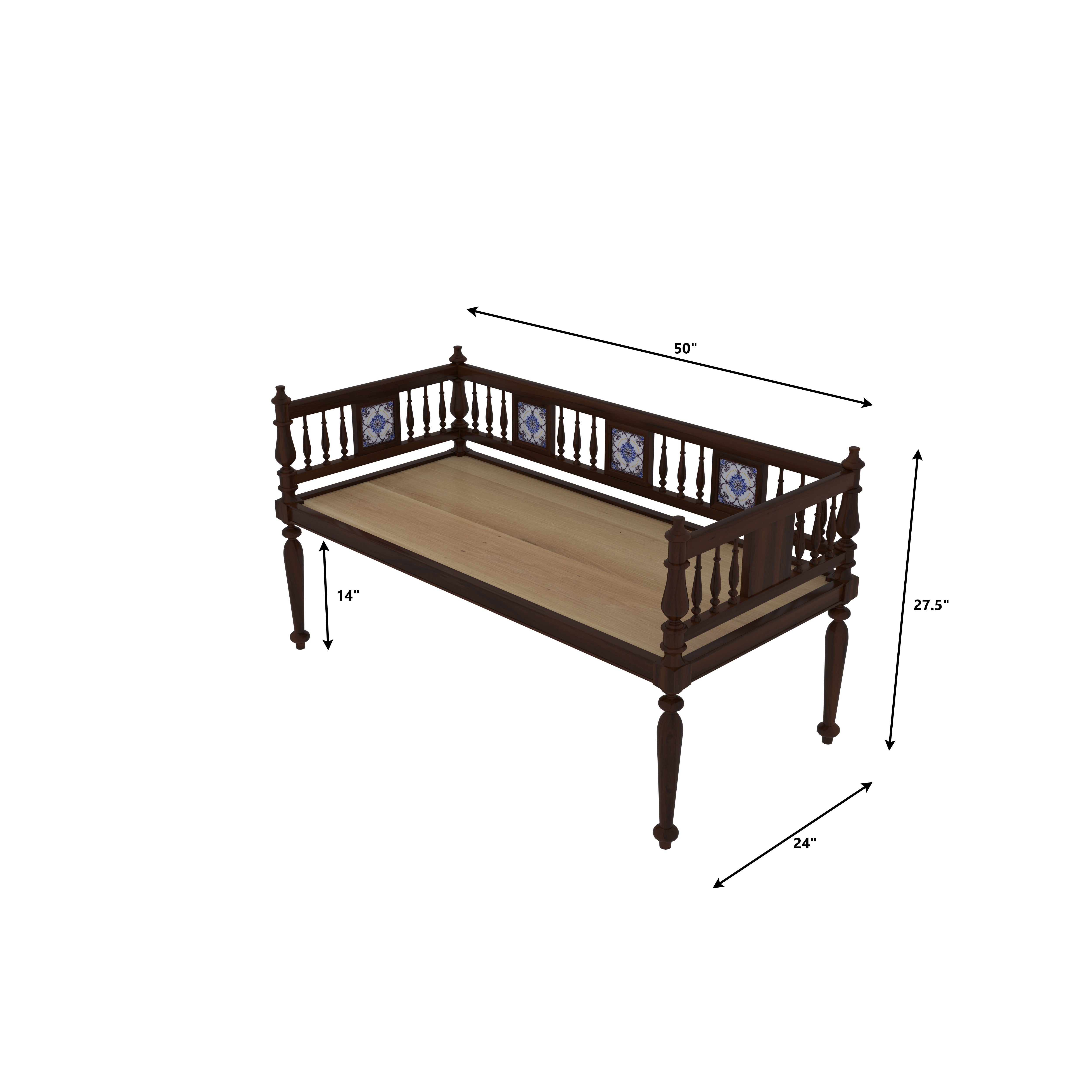 Traditional Wooden Daybed with Handcrafted Spindles & Ceramic Tile Inlay Bench