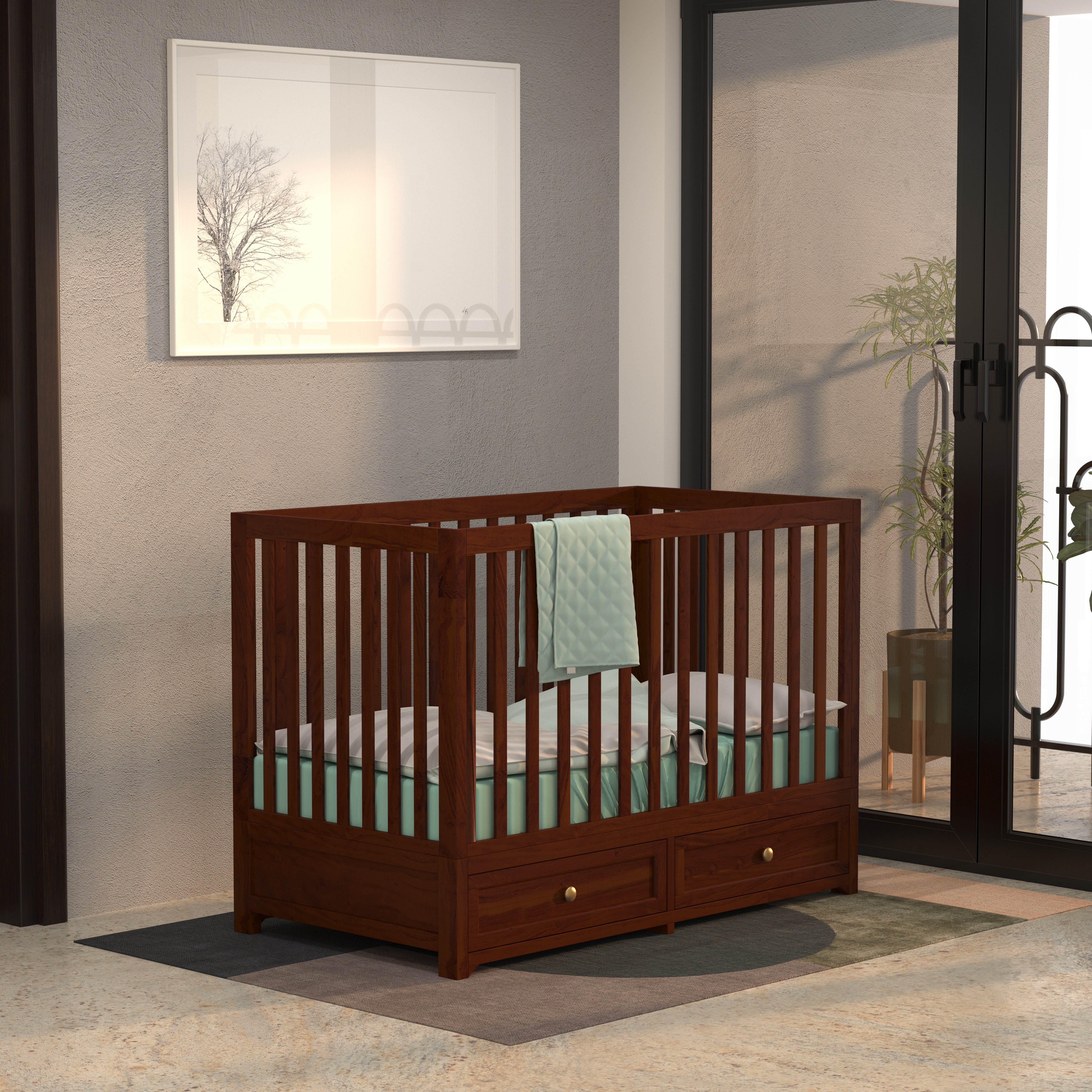 Dark Brown Finished Classic Handmade Wooden Storage Cradle Cradle