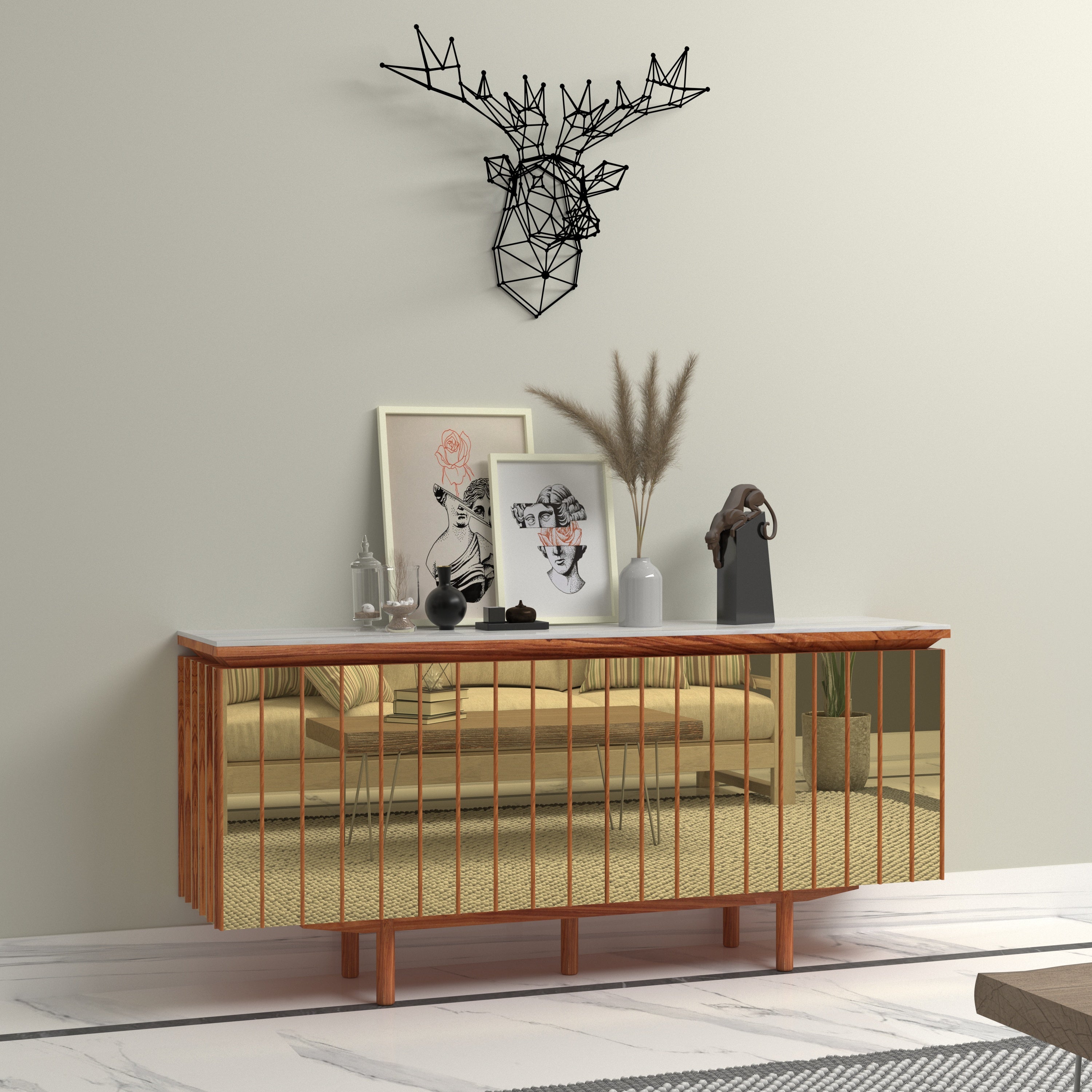 Antique Mirror Finished Wooden Handmade Multi-Storage Sideboard Console Table