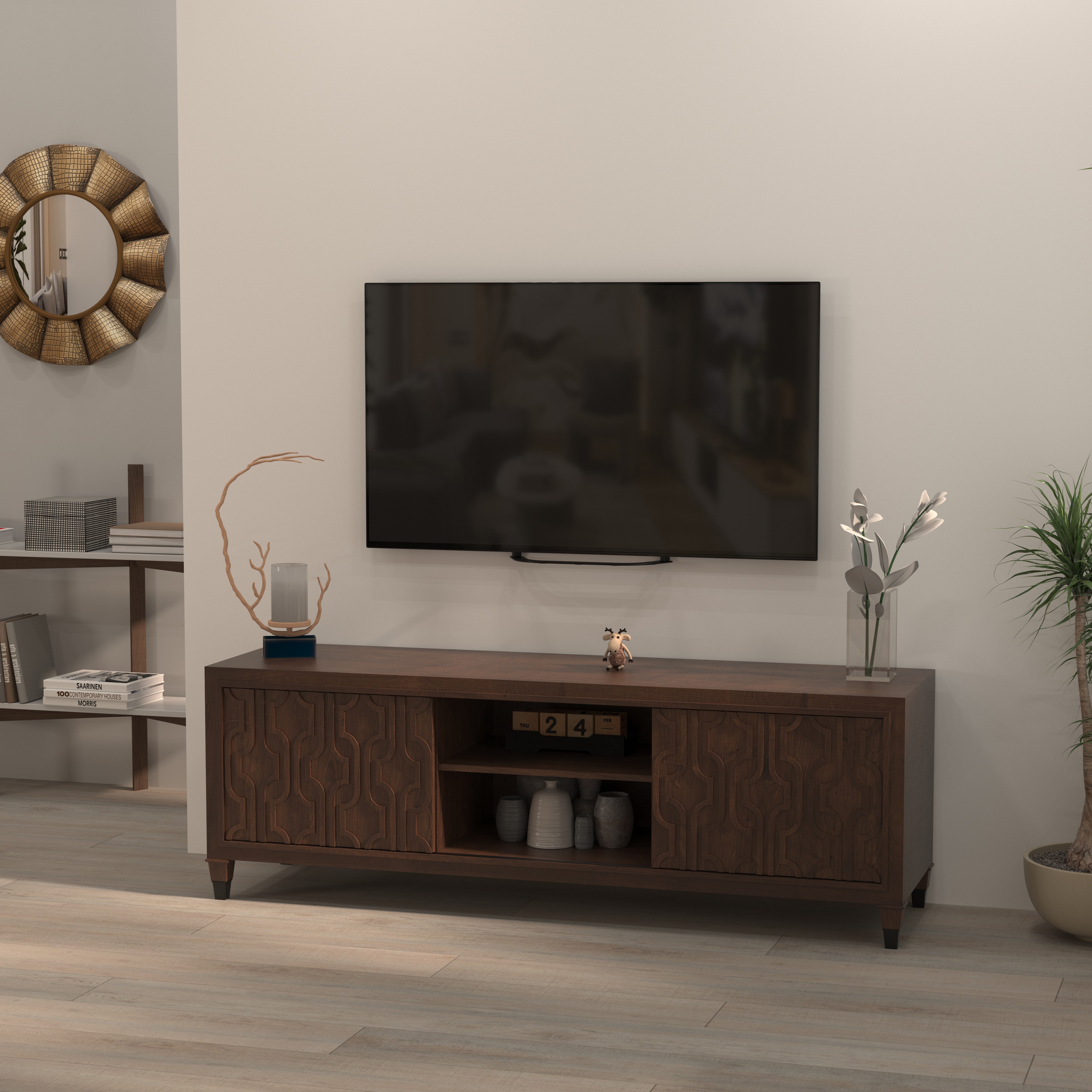 Moroccan-Inspired Wooden TV Stand - Decorative Panel Entertainment Console Tv stand