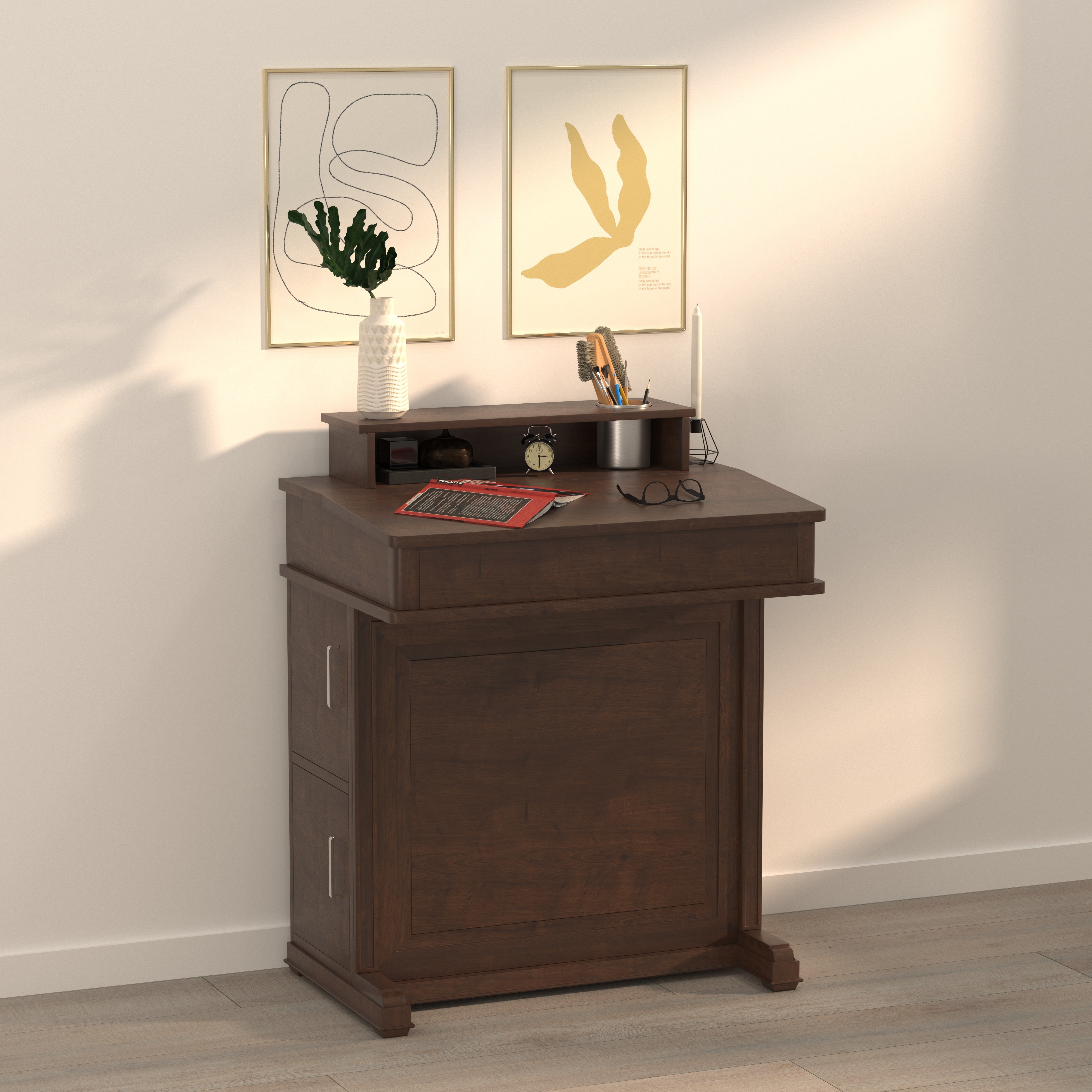 Handcrafted Solid Wood Church Pulpit Lectern with Open Shelf & Side Storage Cabinets Study Table