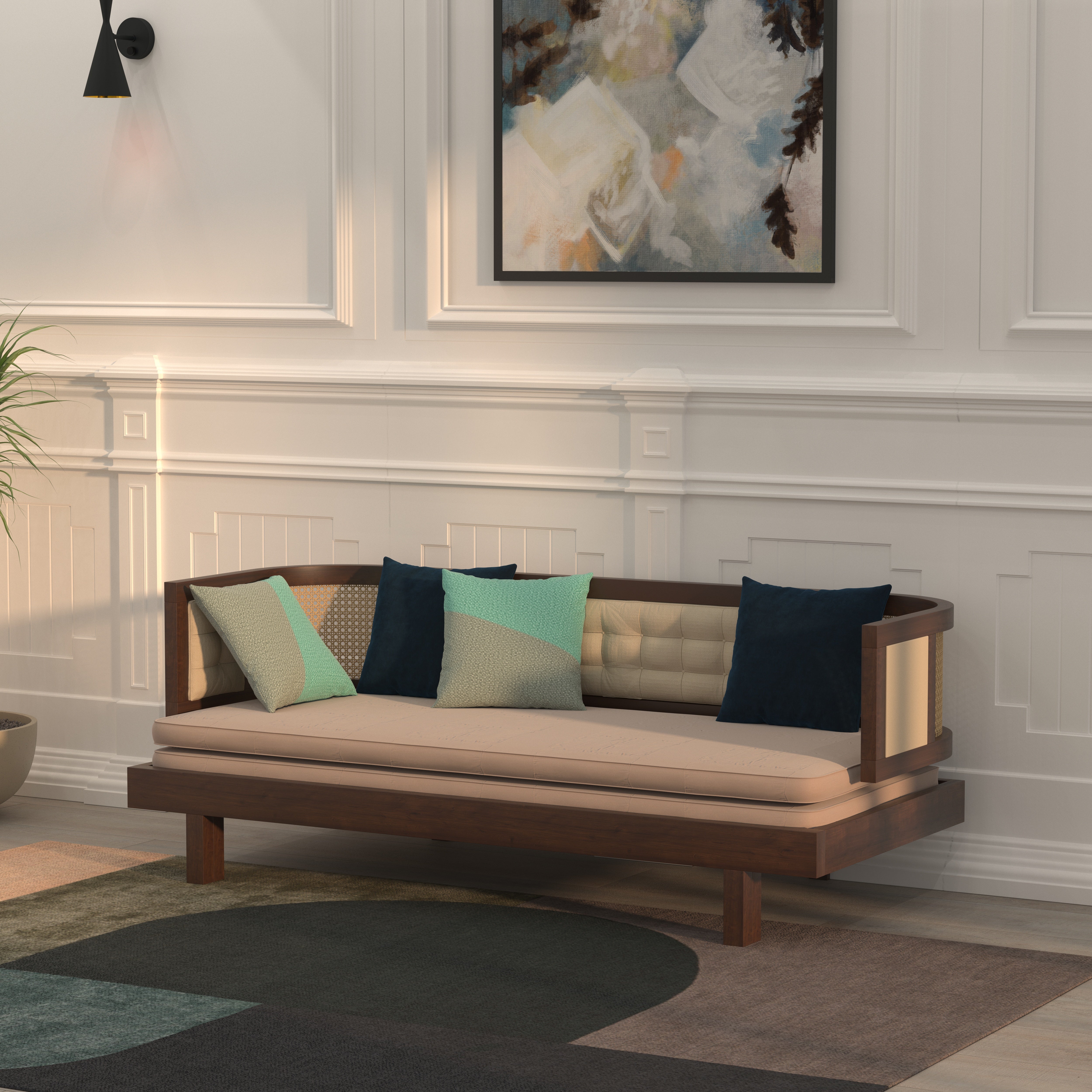 Daybed Sofa with Cane Panels and Tufted Upholstery Sofa cum bed