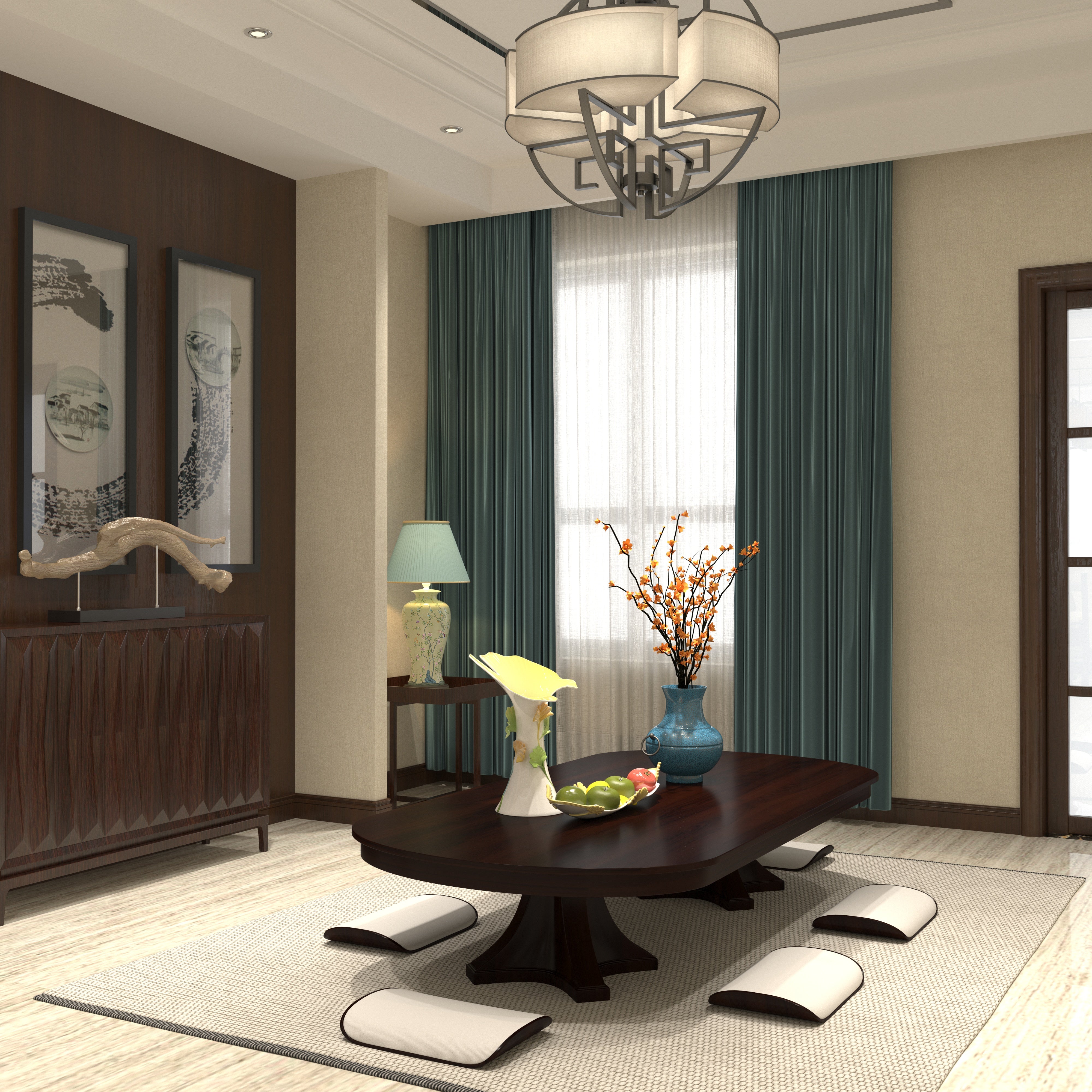 Minimalist Wooden Tea Room with Elegant Floor Seating & Artistic Décor Japanese Dining Set