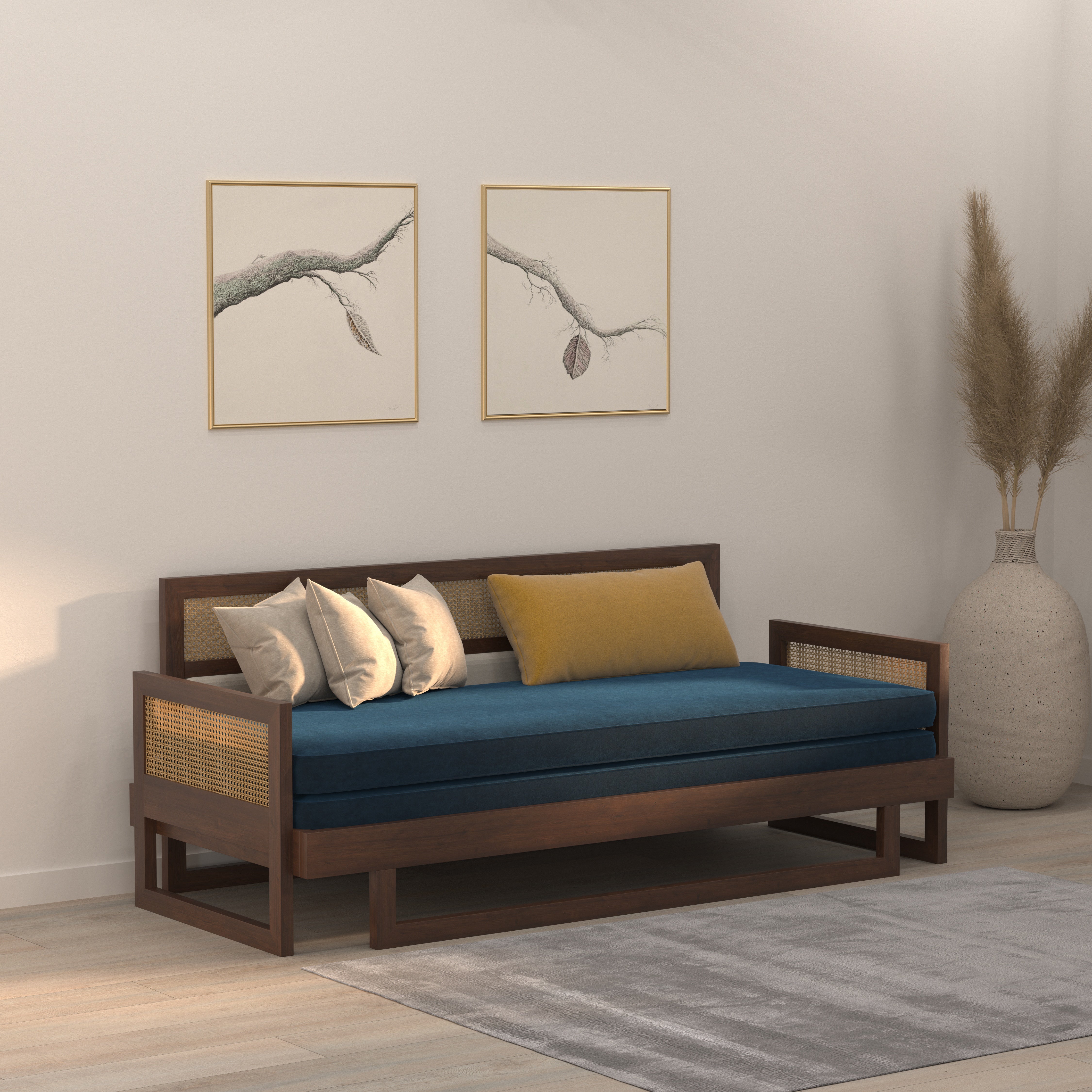 Modern Cane-Style Extendable Day Bed with Side Panels Sofa cum bed