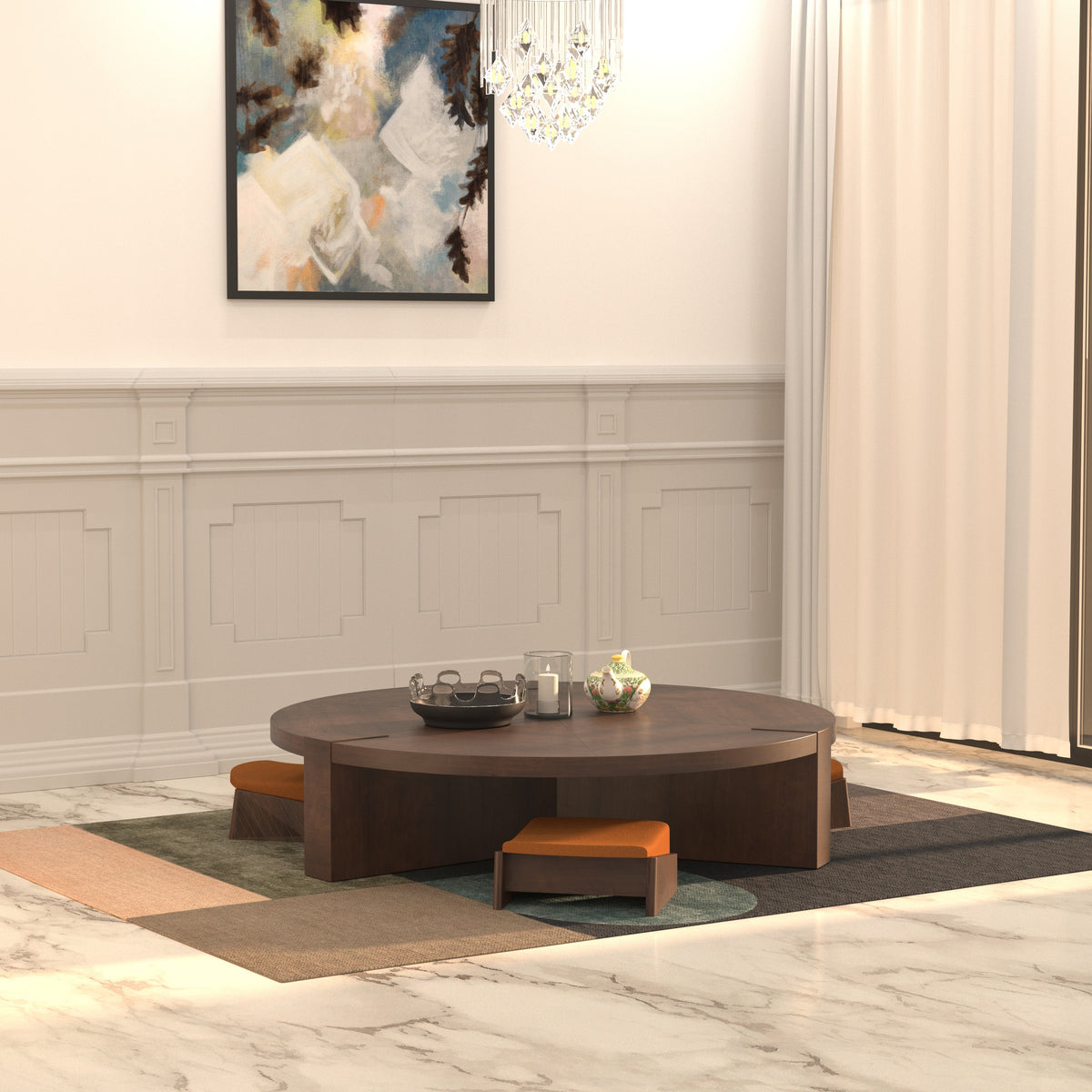 Low-Profile Circular Dining Table with Curved Panel Base Japanese Dining Set