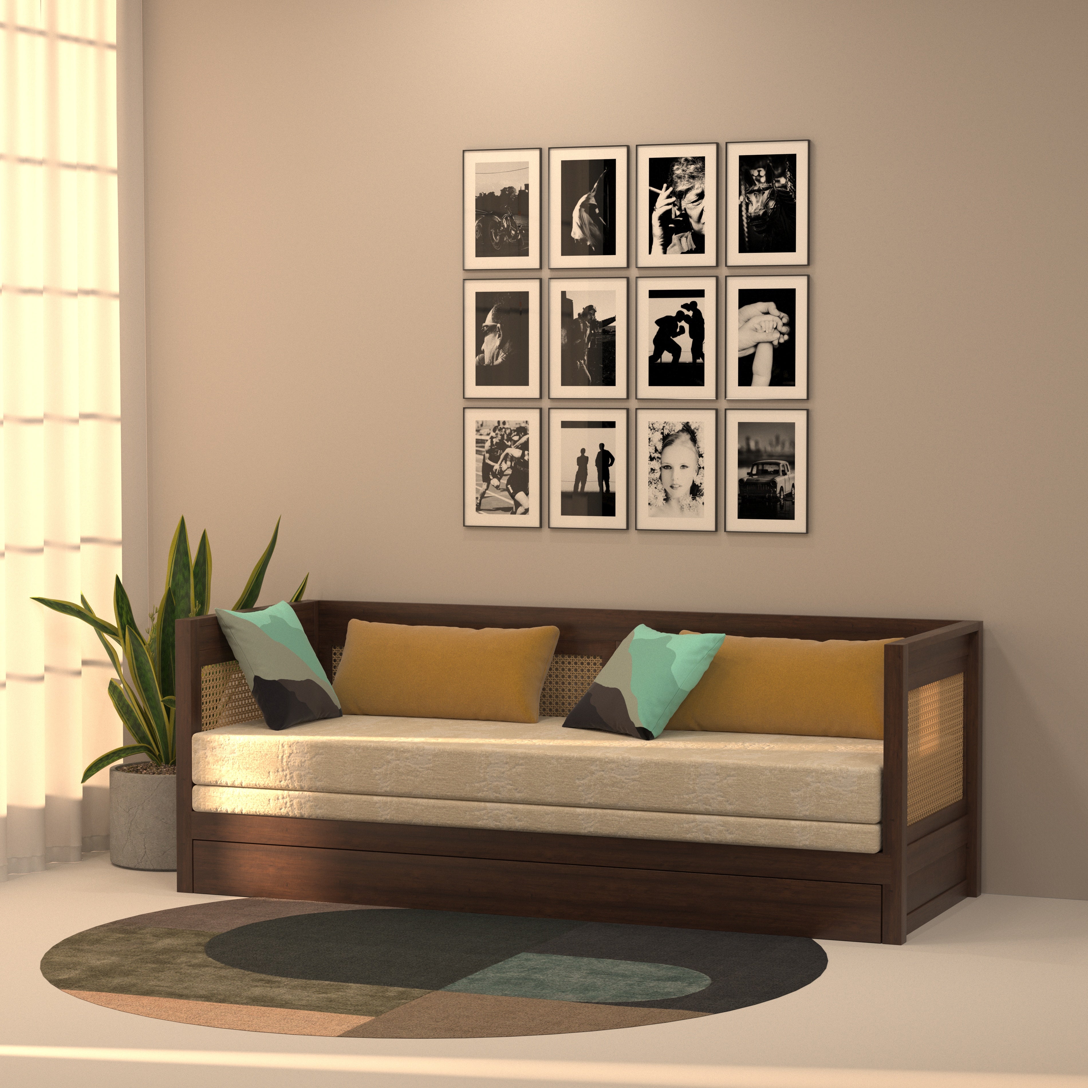 Daybed with Cane Panels and Pull-Out Trundle Bed Sofa cum bed