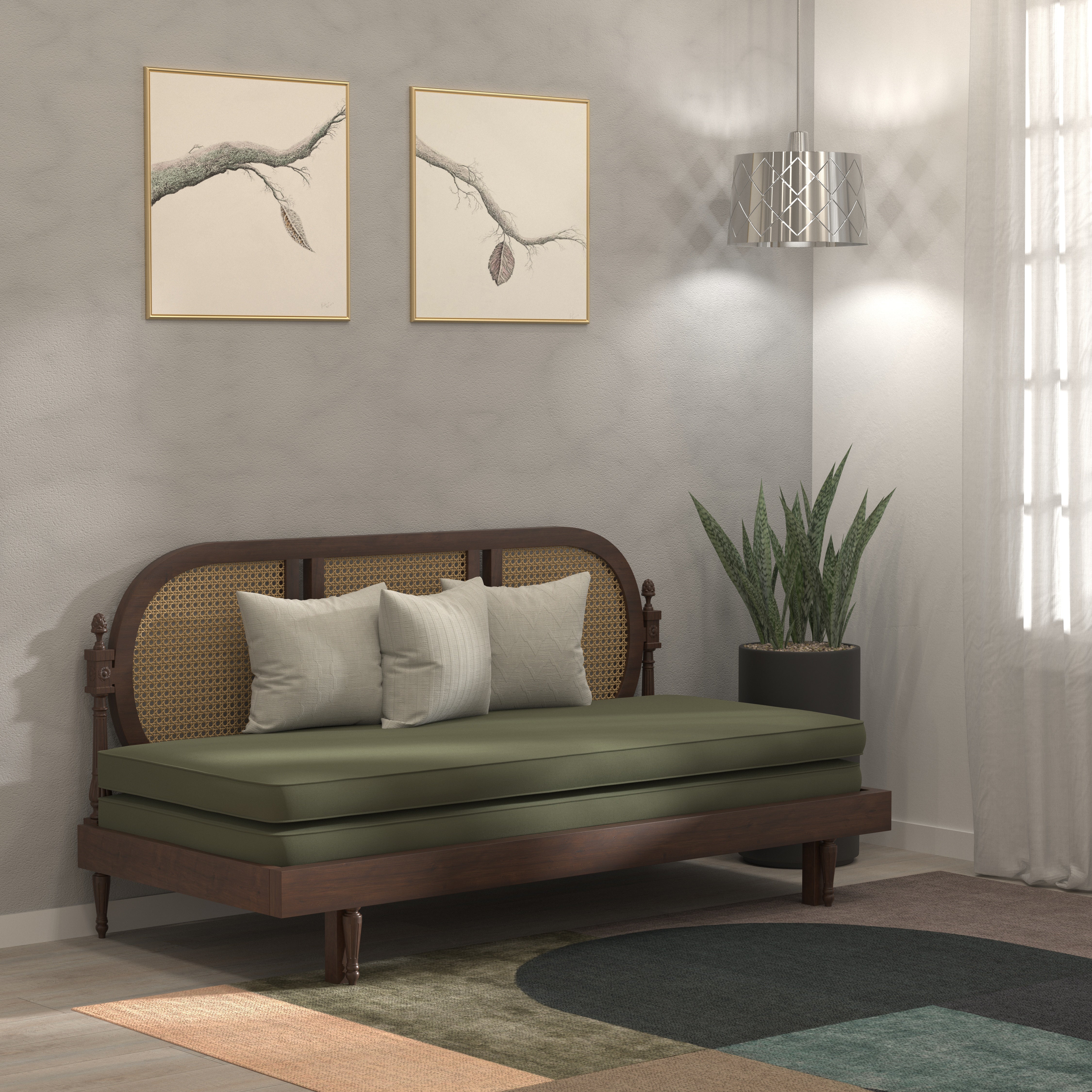 Elegant Cane-Style Day Bed with Extended Lounging Backrest Sofa cum bed