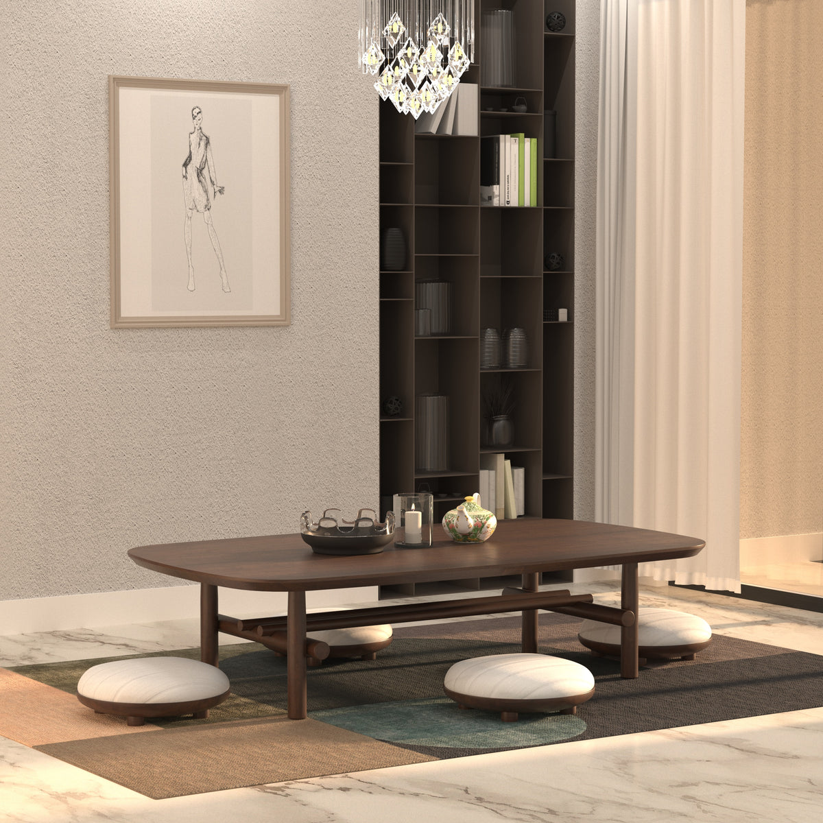 Long Rectangular Dining Table with Rounded Edges and Crossbar Base Japanese Dining Set