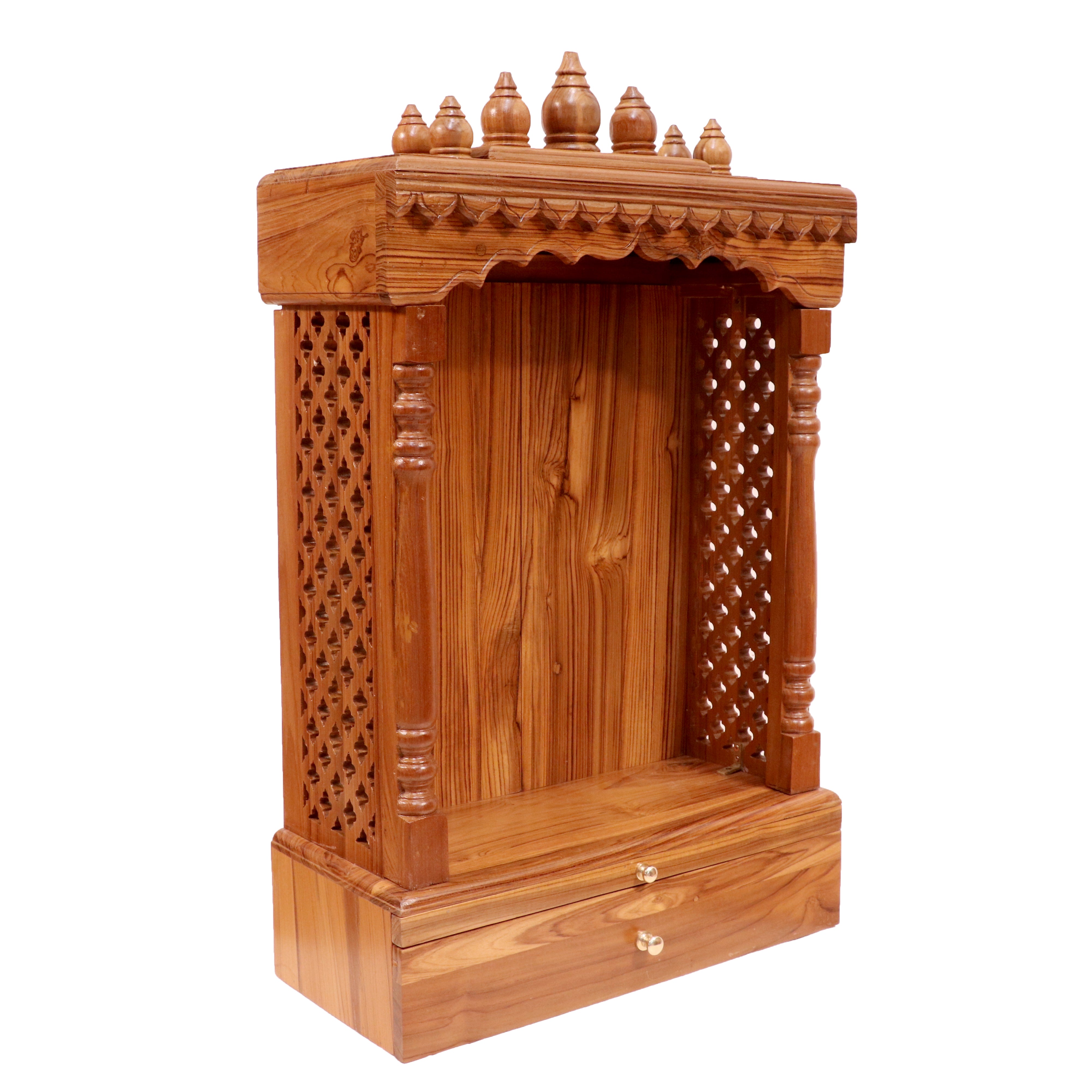 Vintage Tone Finish with Carved Jali Handmade Wooden Temple for Home Temple