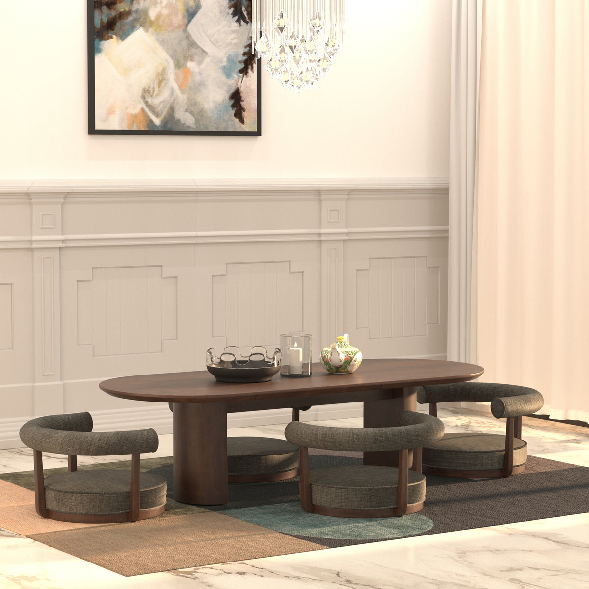 Elongated Oval Dining Table with Curved Low-Profile Seating Japanese Dining Set