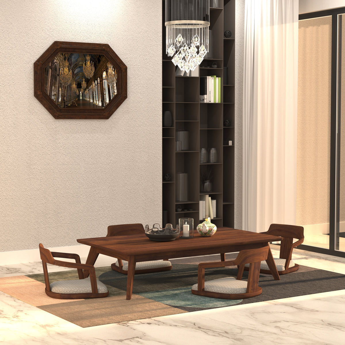 Extended Rectangular Dining Table with Sculpted Wooden Armchairs Japanese Dining Set