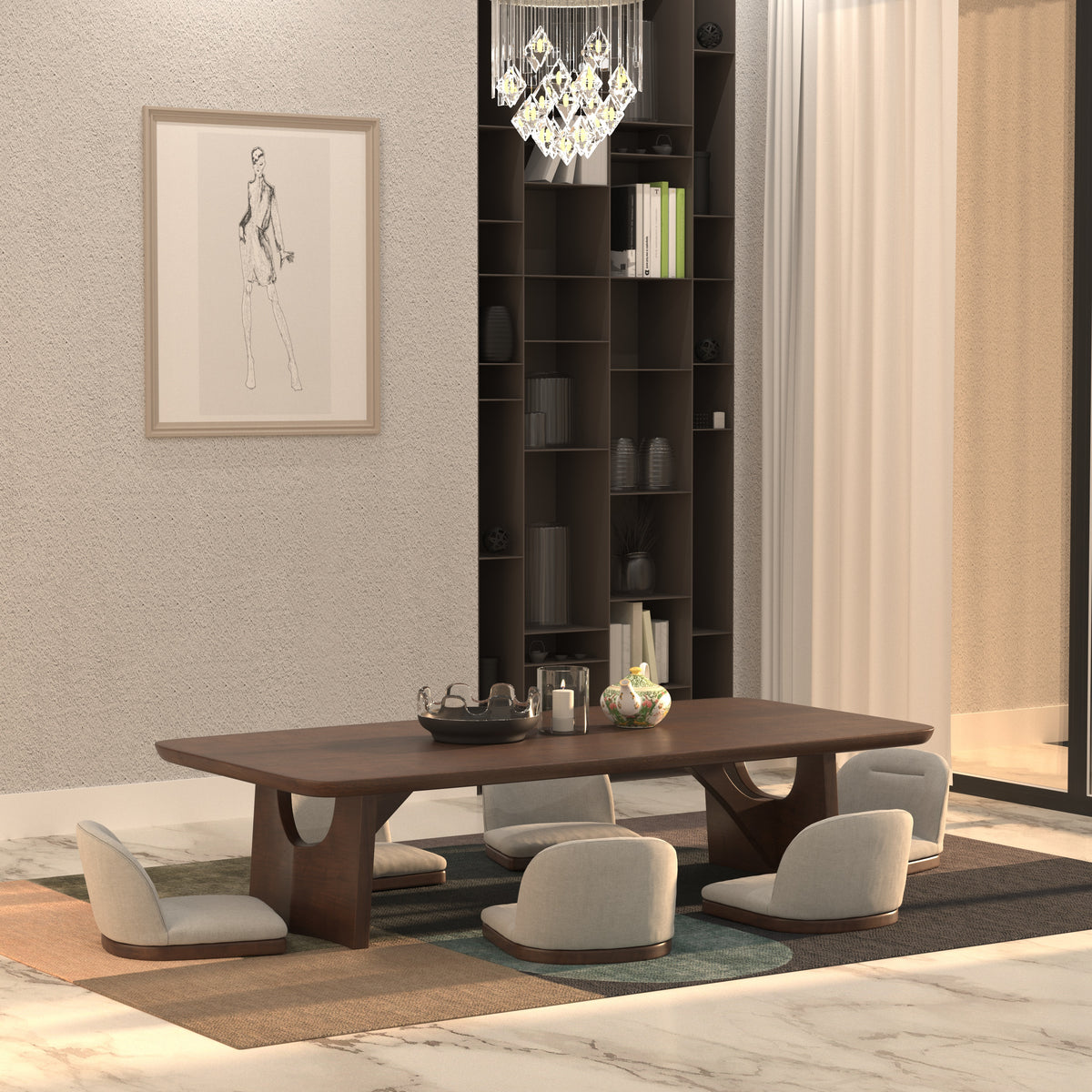 Elongated Dining Table with Sculptural Cutout Base