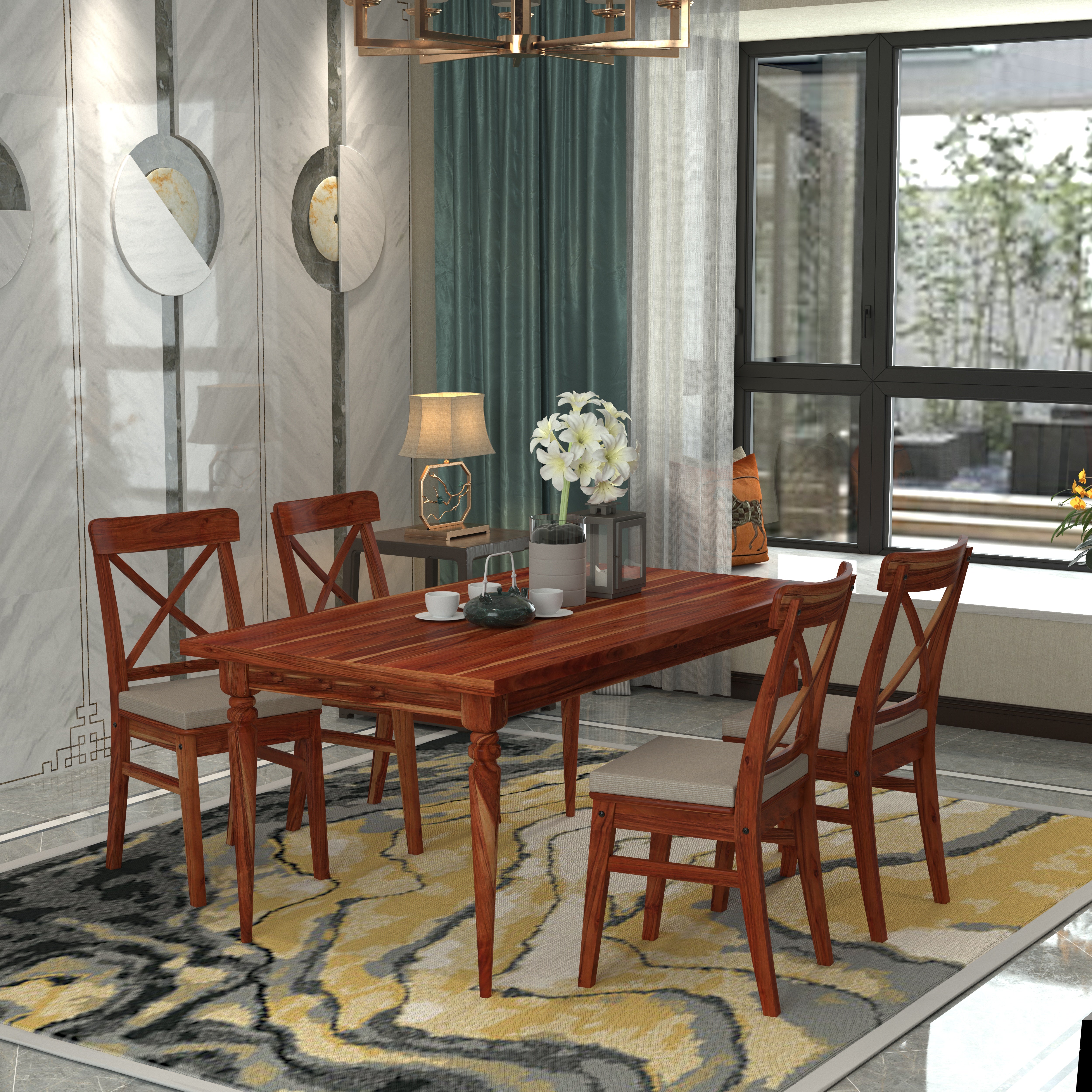 Classic 4-Seater Wooden Dining Table Set with Cushioned Chairs – Elegant Traditional Style Dining Set
