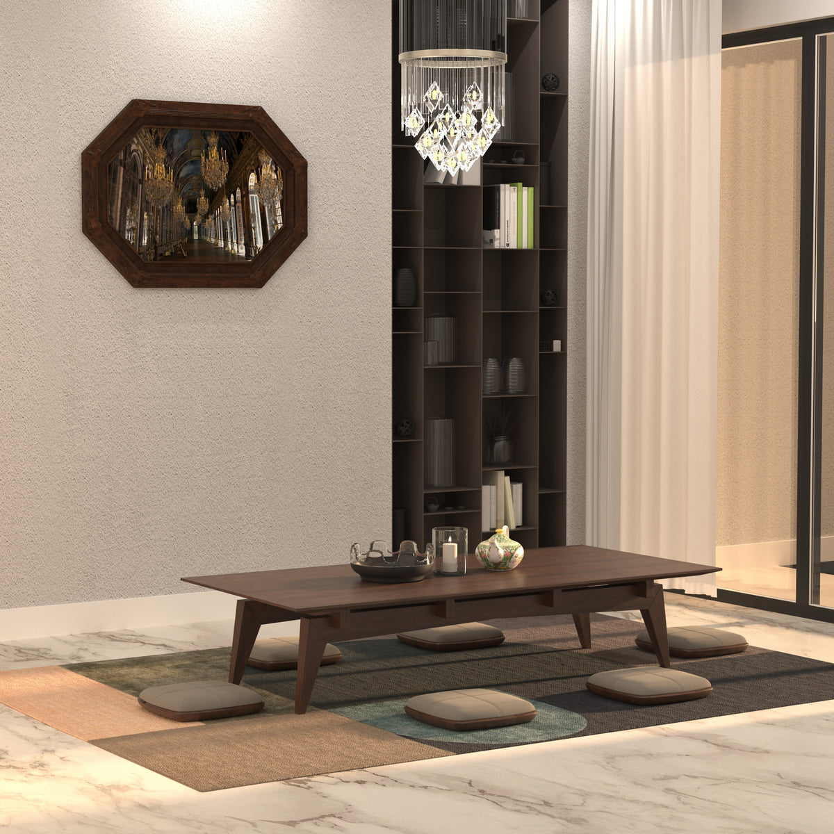 Longline Dining Table with Angled Legs and Floor Seating Japanese Dining Set
