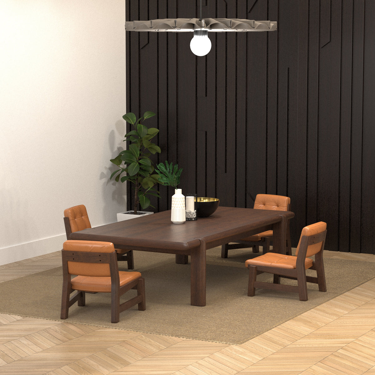Solid-Profile Rectangular Dining Table with Framed Upholstered Chairs Japanese Dining Set