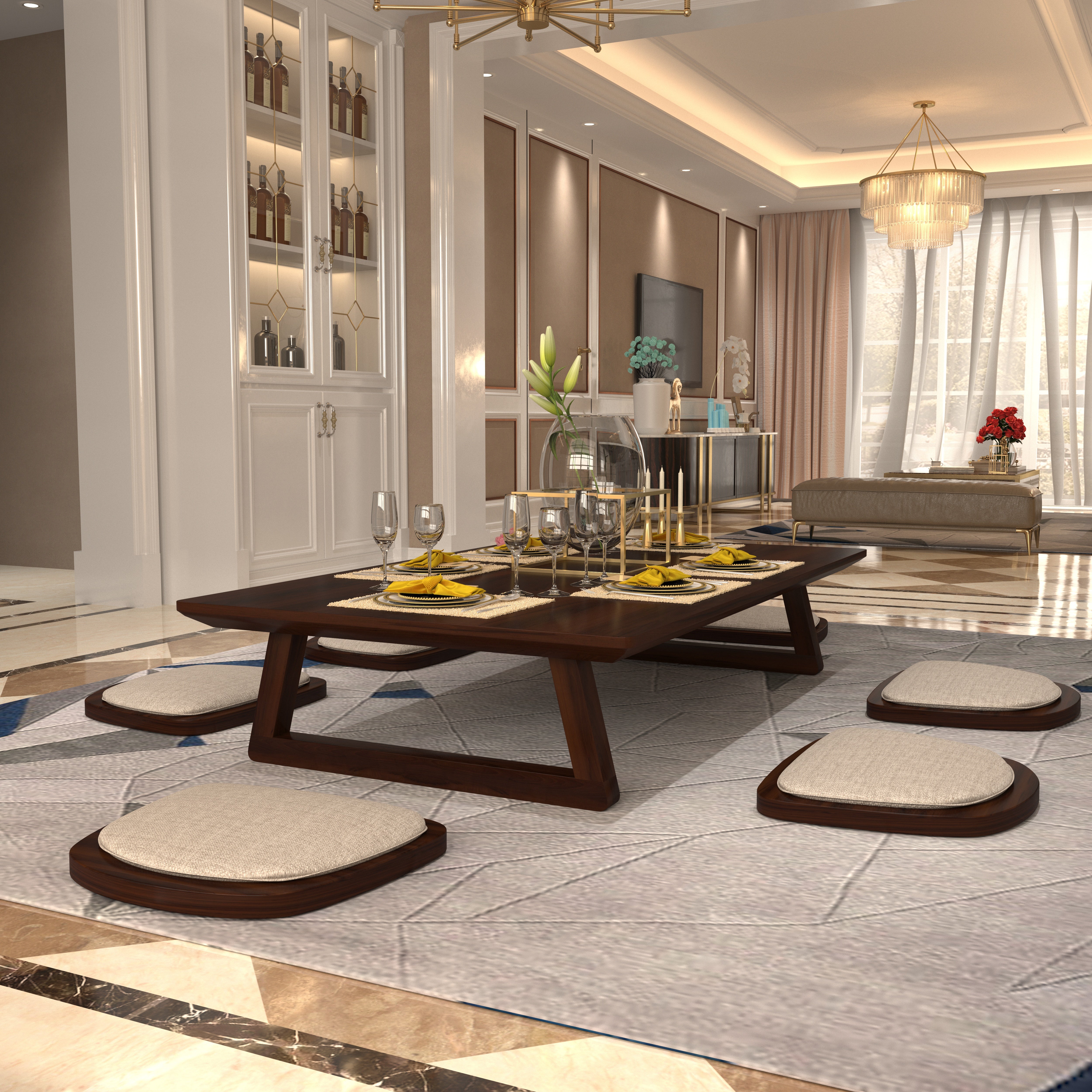 Elegant Low-Height Wooden Dining Table Set with Cushions – Japanese Floor Seating Dining Set