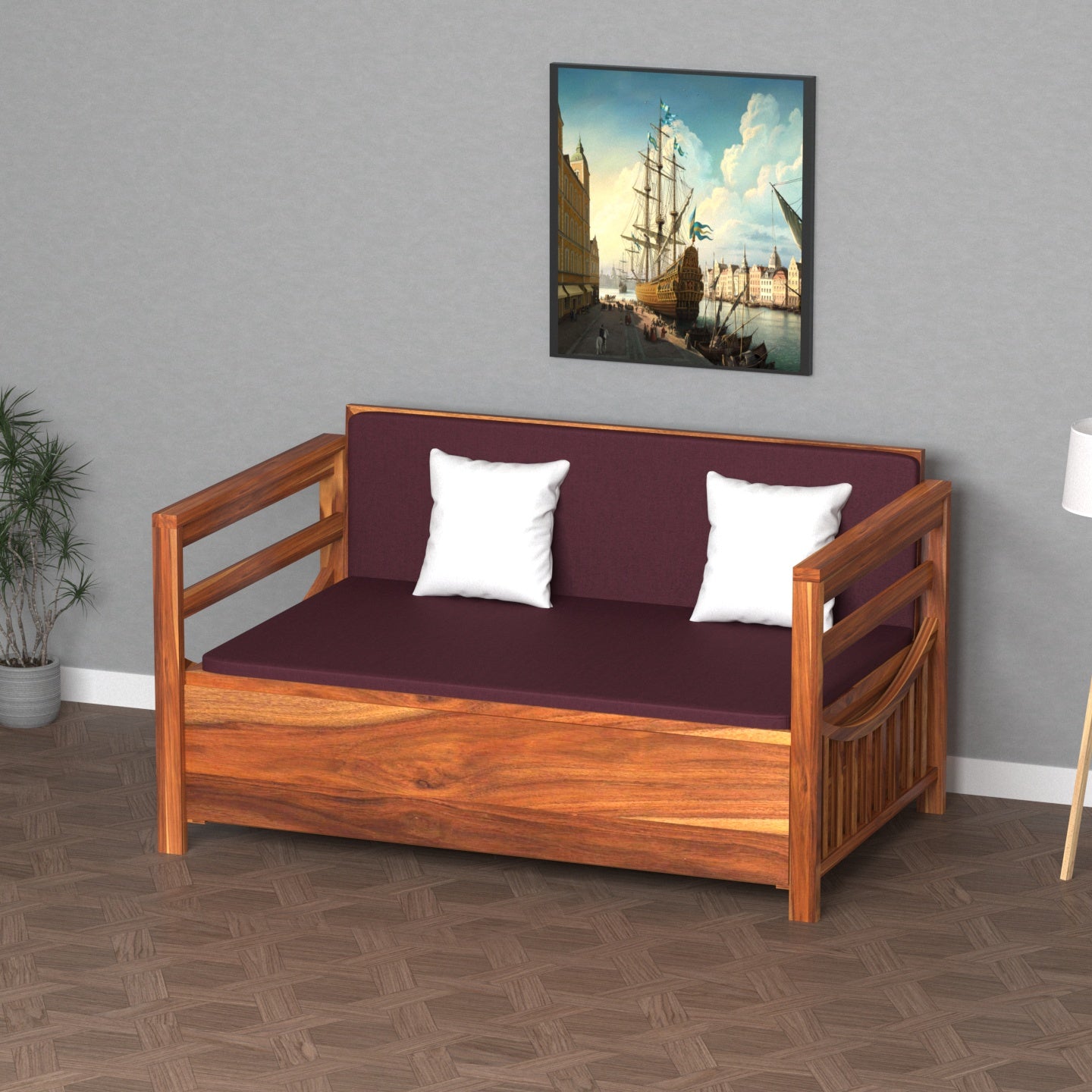 Dark Mehroon Vintage Wooden Sofa Cum Bed Sofa