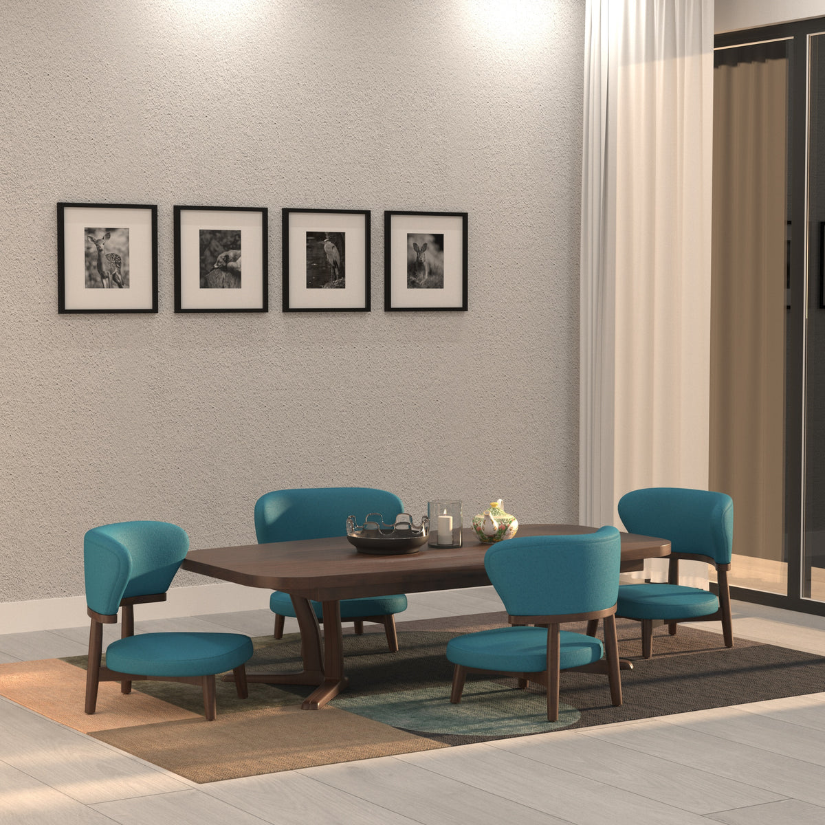 Contemporary Rectangular Dining Table with Curved Upholstered Chairs Japanese Dining Set