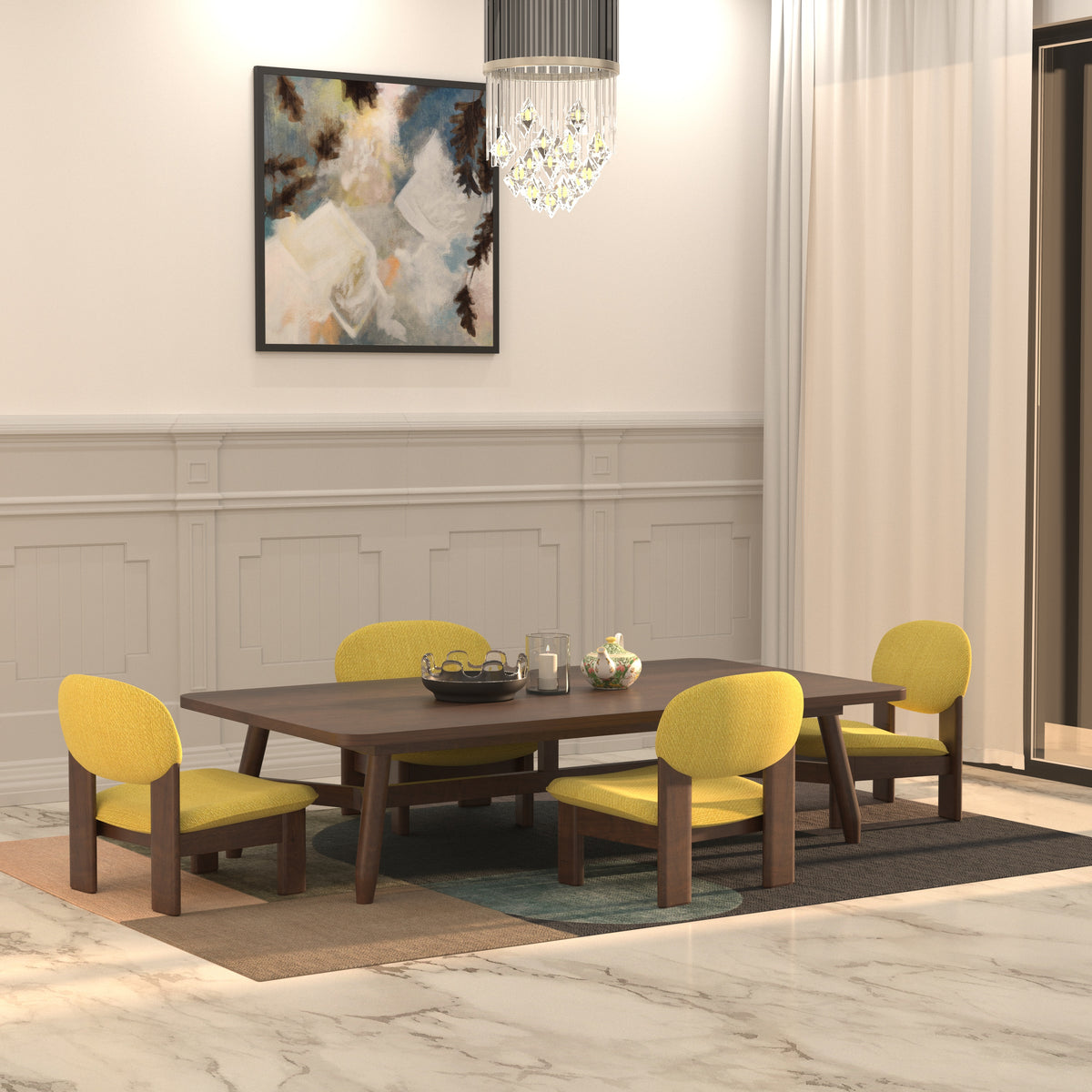 Elongated Dining Table with Rounded Backrest Chairs Japanese Dining Set