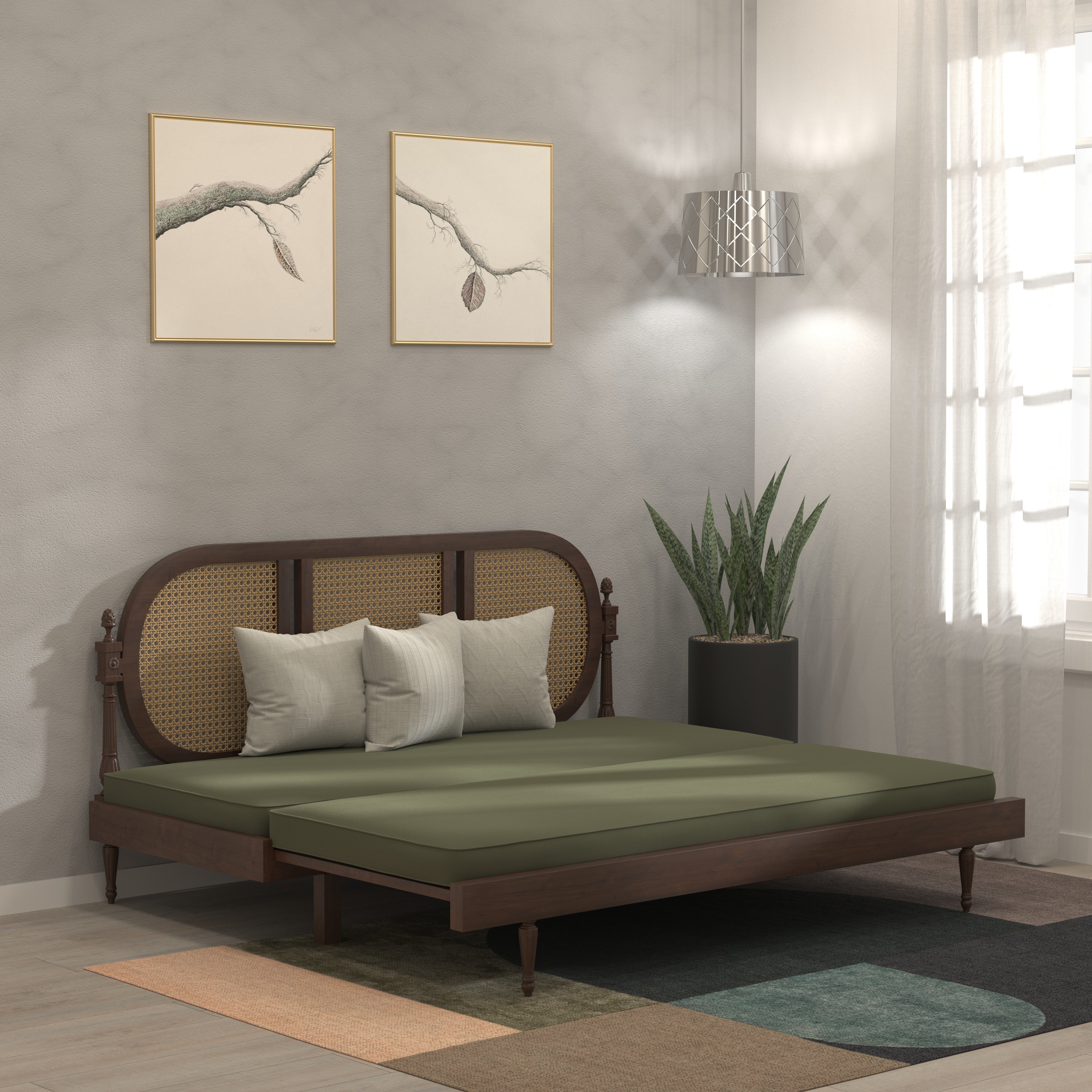 Elegant Cane-Style Day Bed with Extended Lounging Backrest Sofa cum bed