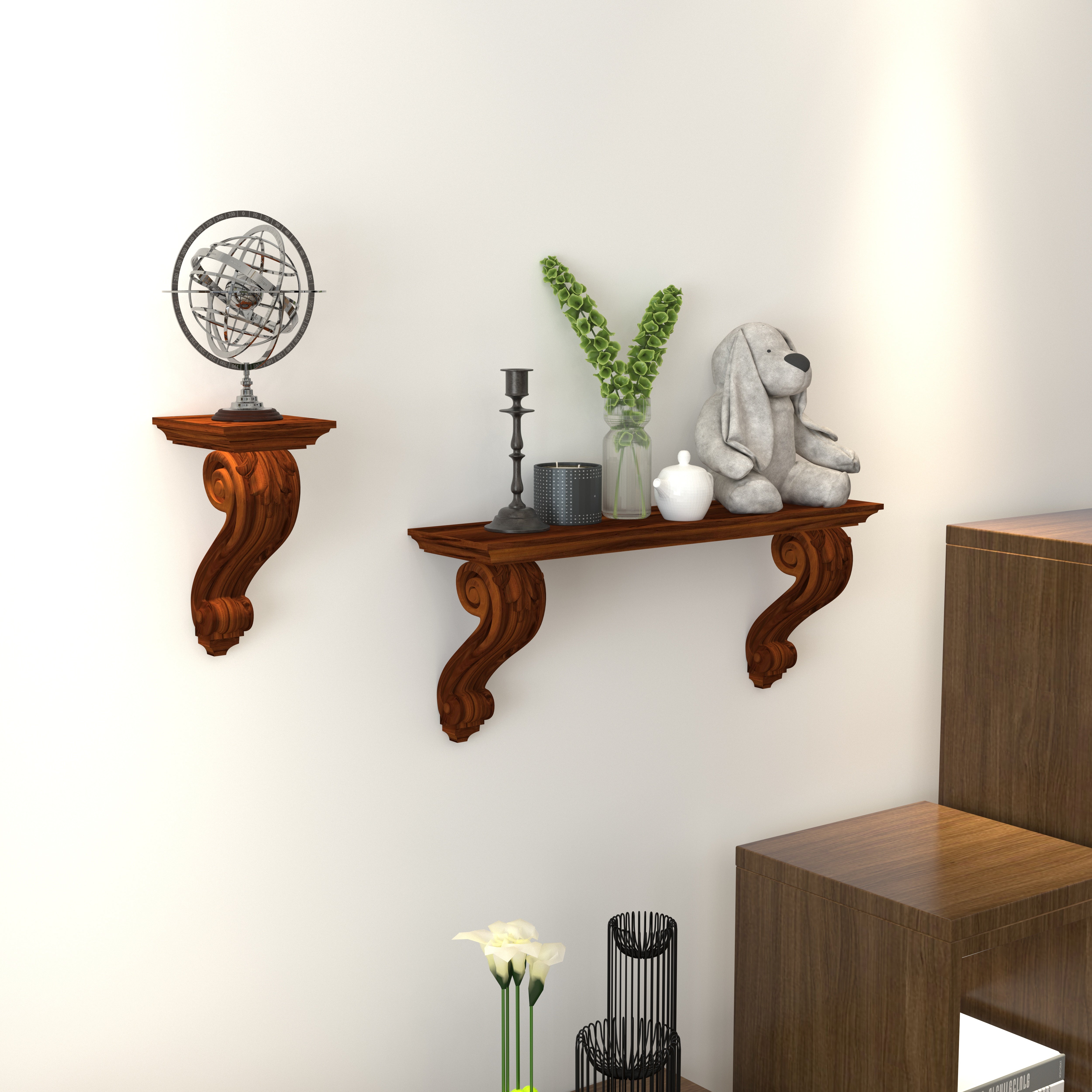 Hand-Carved Sheesham Wood Wall Frame with Dual Scroll Brackets Wall Rack