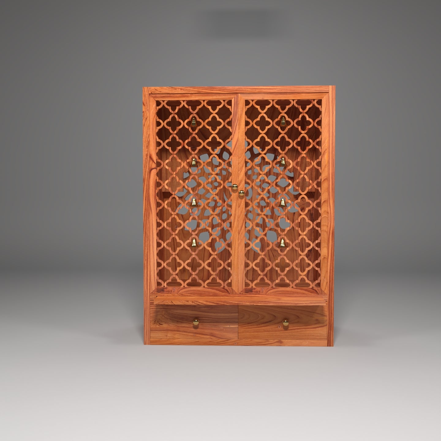 Jali 2 Door Floral Design Teak Wood Natural finish with backside om sign Temple