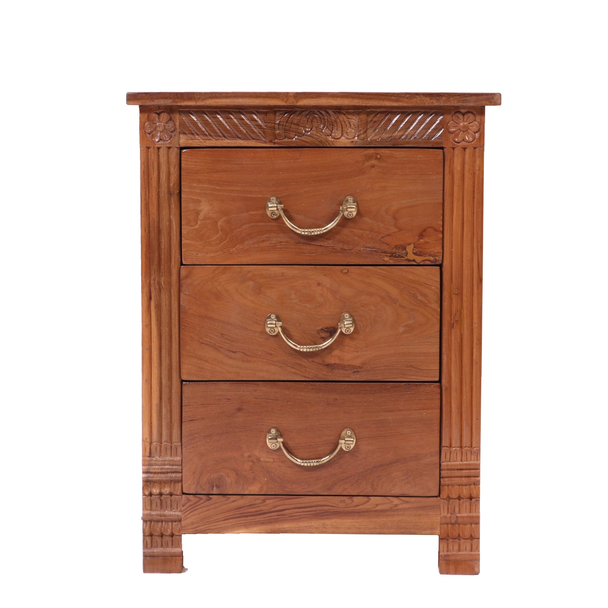 Folk concept Carved teak wood 3 drawer bedside Bedside