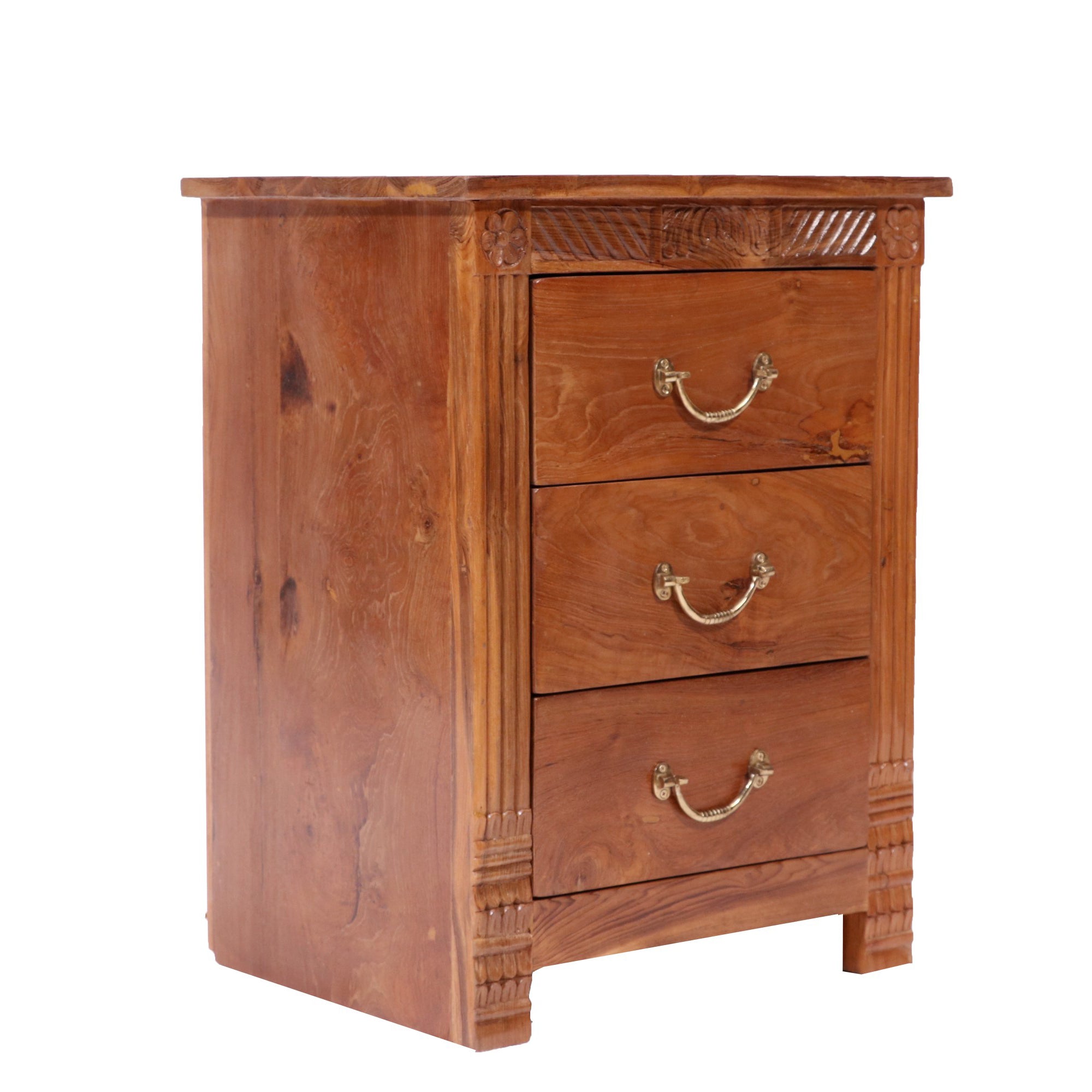 Folk concept Carved teak wood 3 drawer bedside Bedside