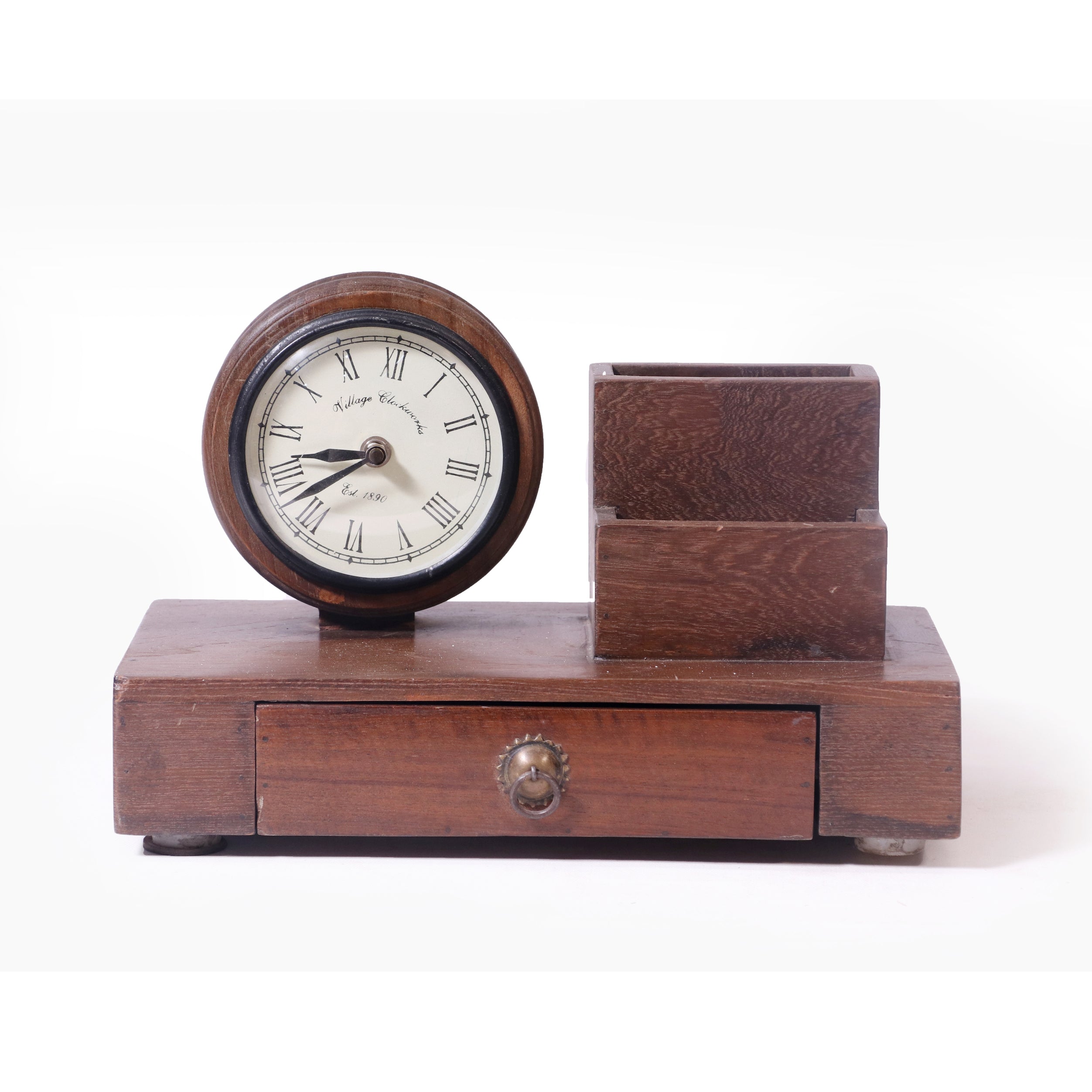 Teak wood Organiser with Clock Desk Organizer