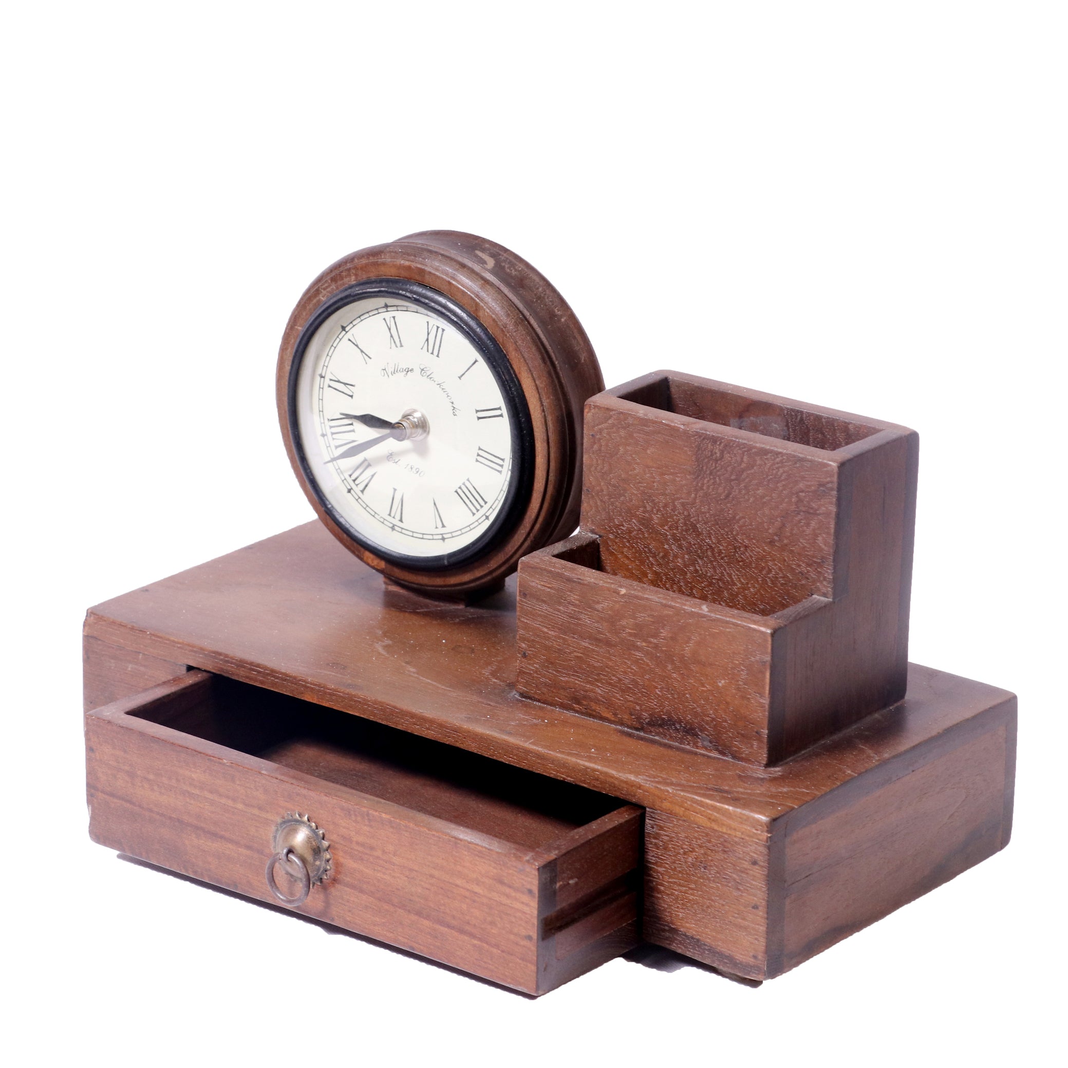 Teak wood Organiser with Clock Desk Organizer