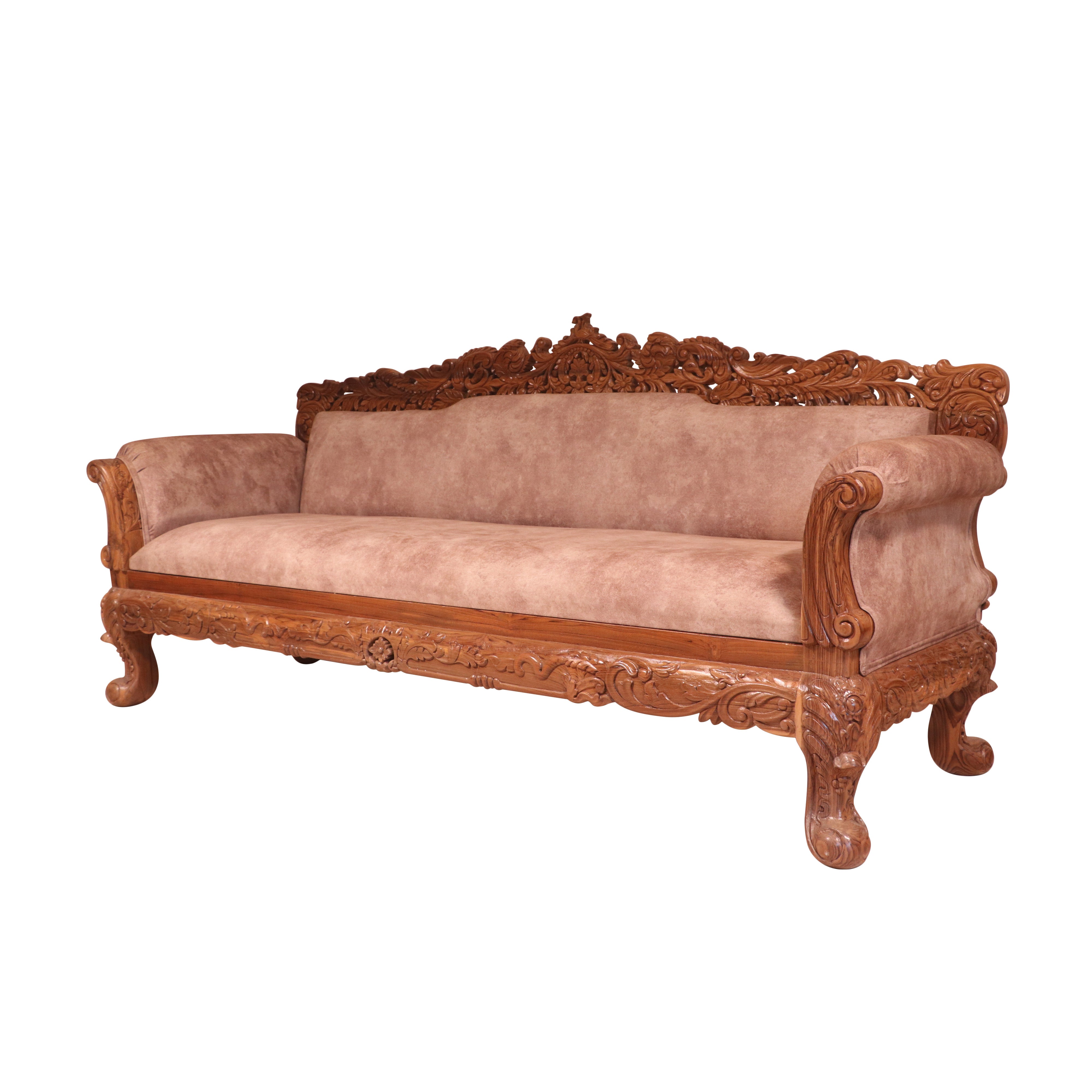 Light finish Royal Carved Teak wood 3 Seater Sofa Sofa