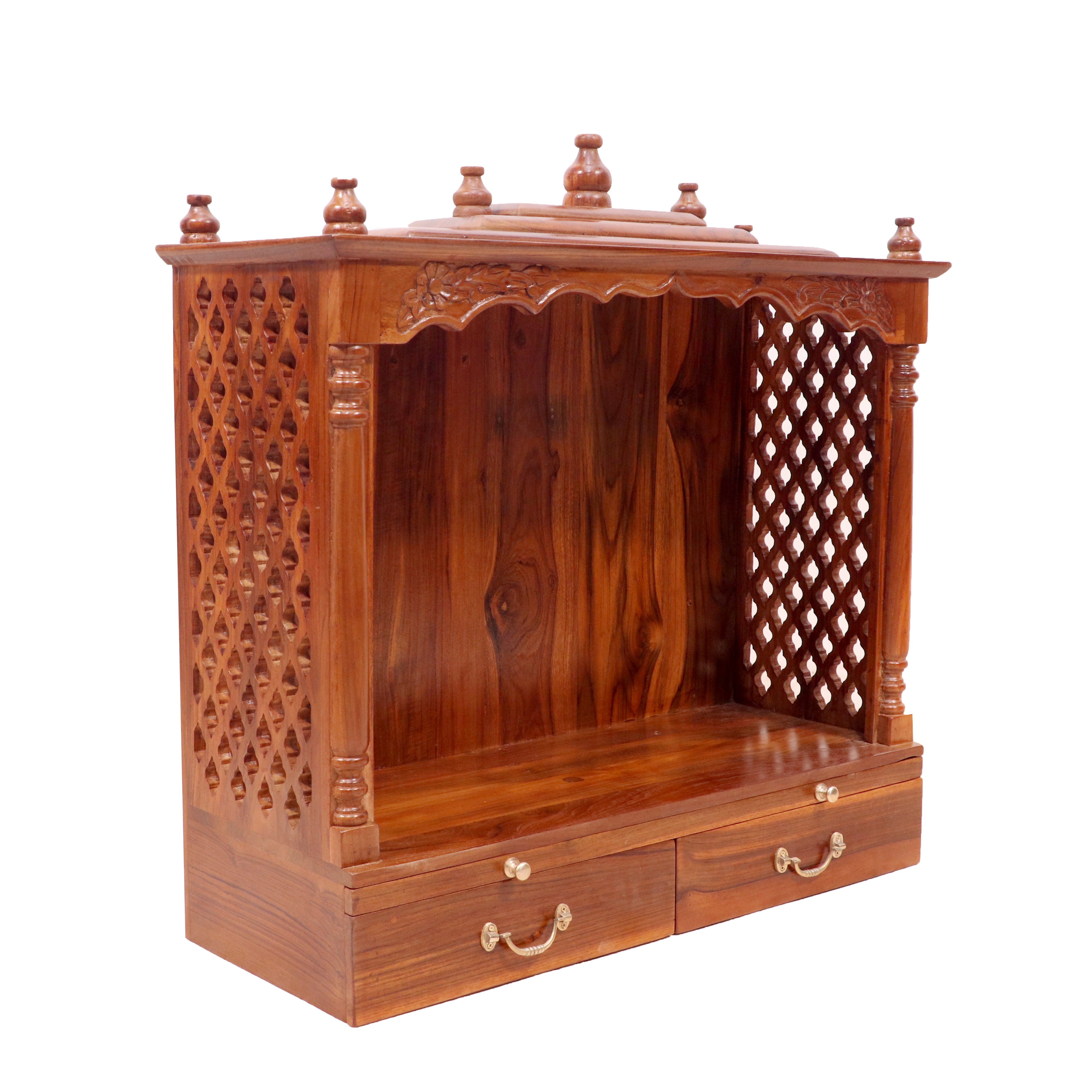 Solid teak wide Jali temple with 2 Drawers & 2 Tray Temple