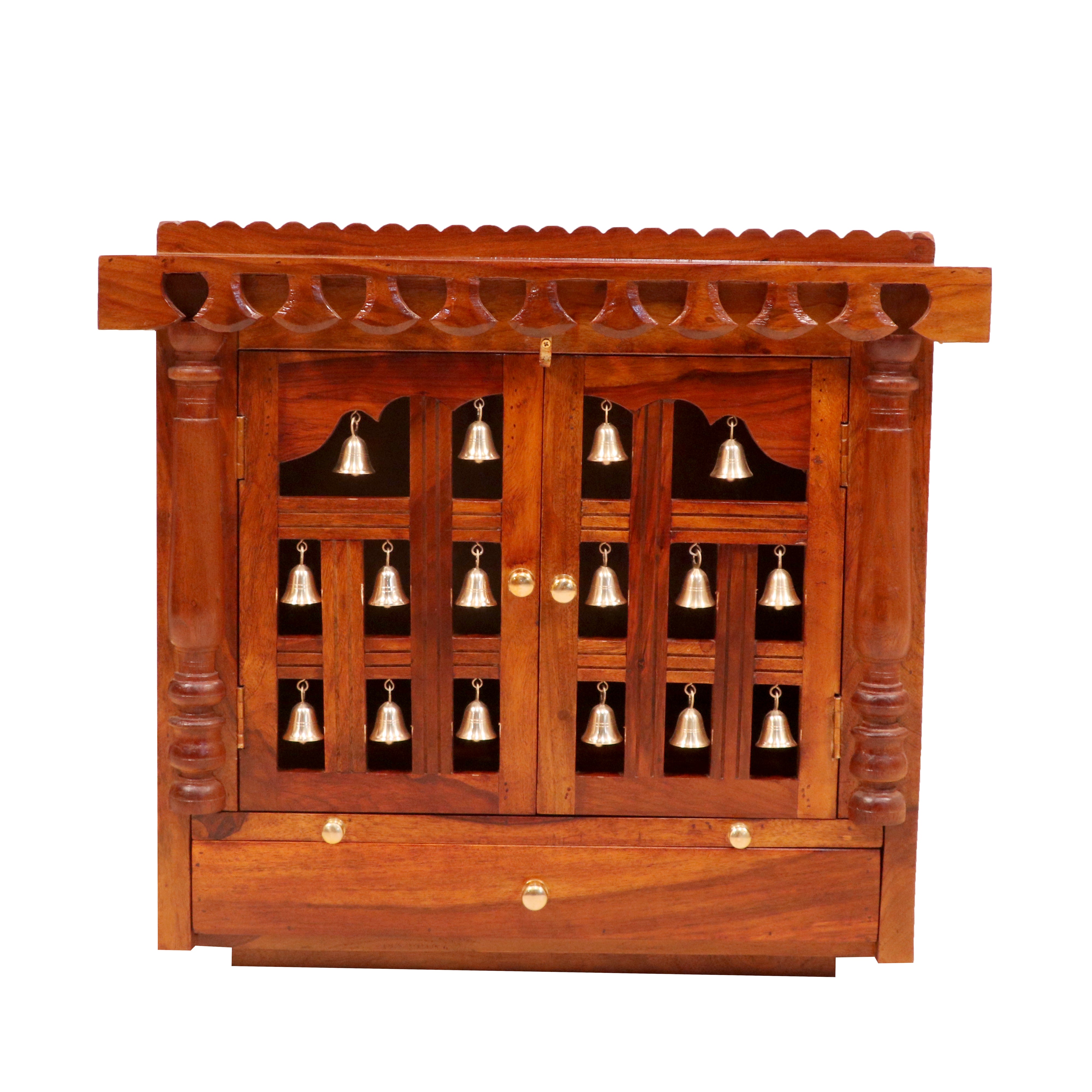 Traditional Golden Brass Bells Handmade Wooden Temple for Home Temple