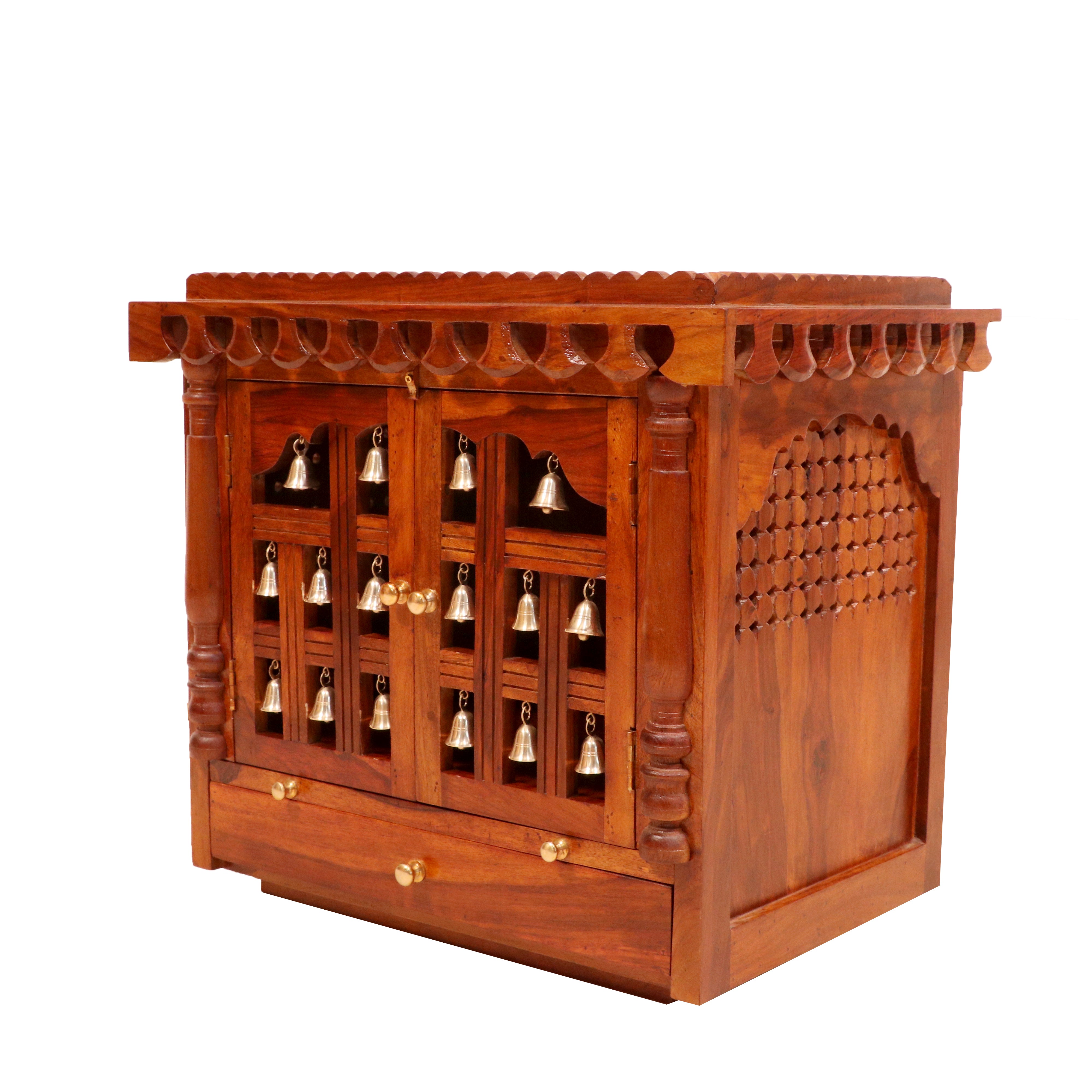Traditional Golden Brass Bells Handmade Wooden Temple for Home Temple