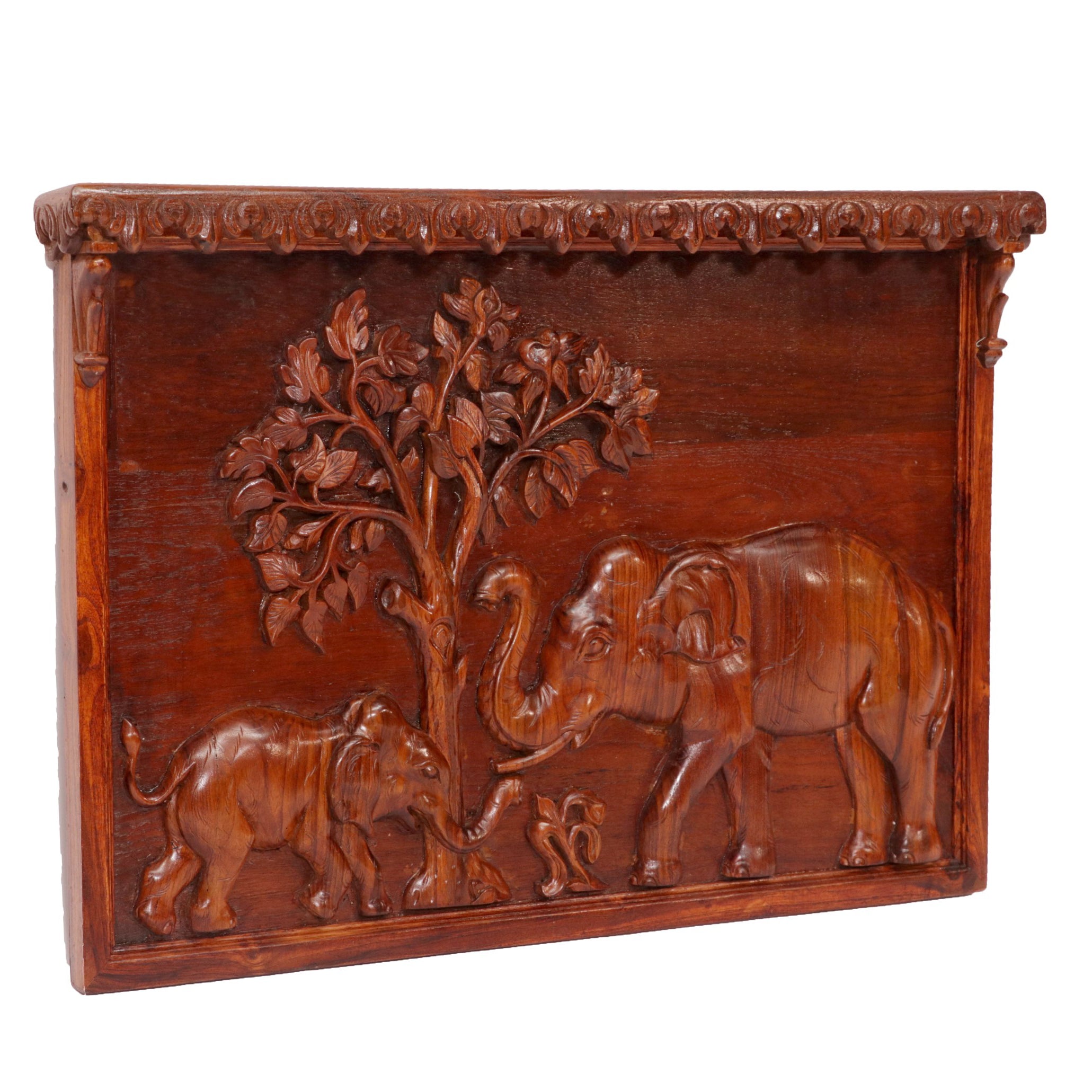 Elephant Family Forest View Teak Frame Wall Decor
