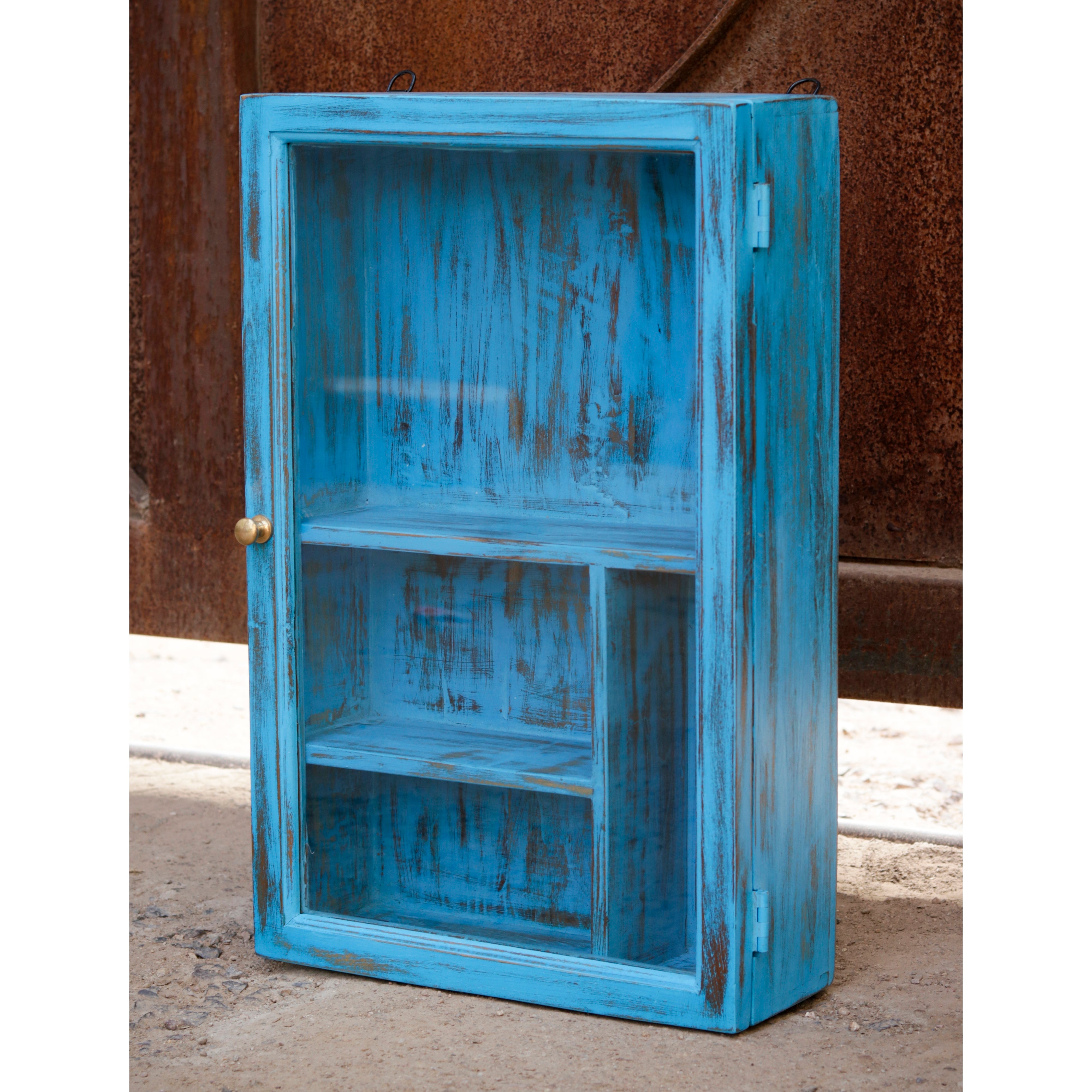 Traditional Blue Distressed Finished Wooden Handmade Wall Cabinet Wall Cabinet