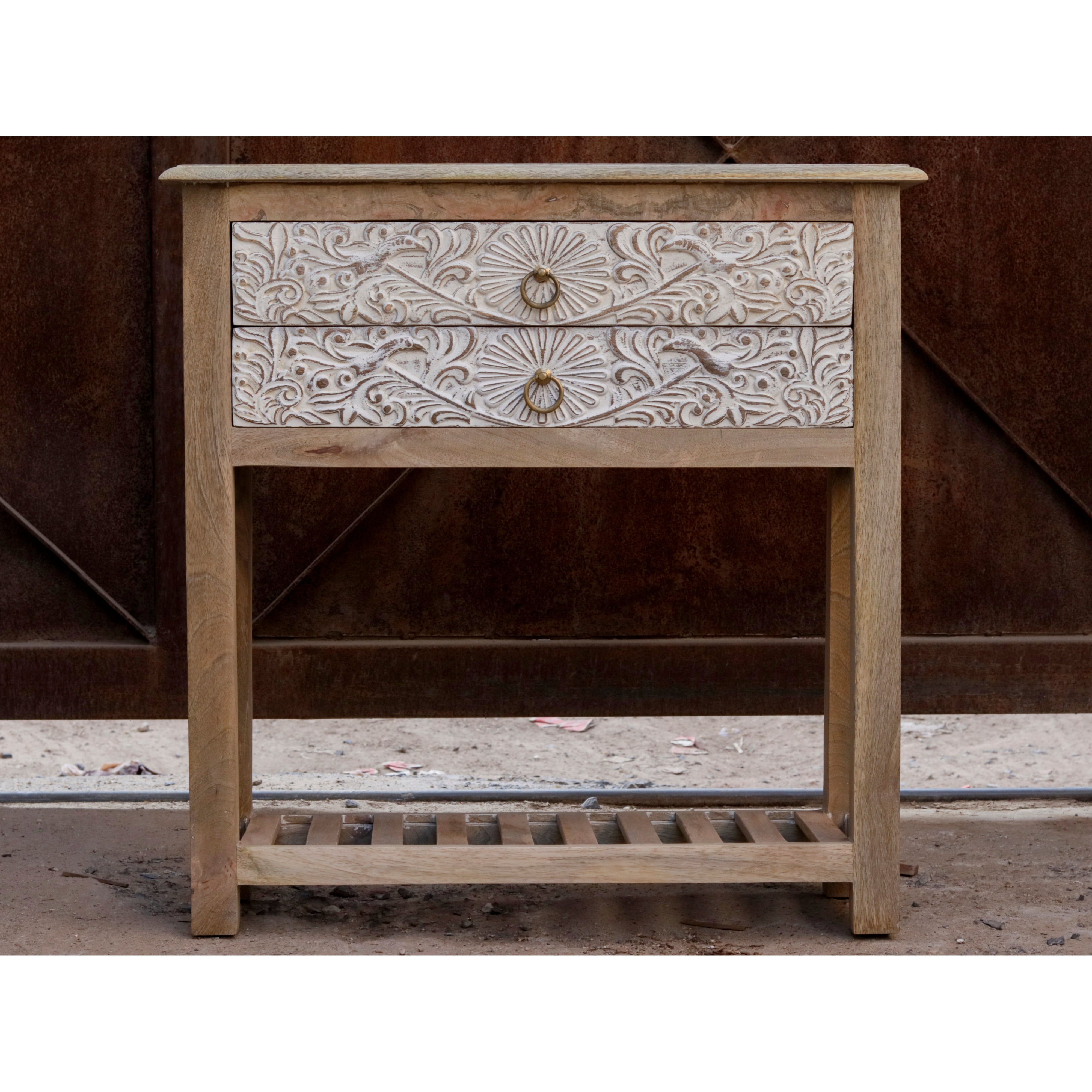 White Distressed Carved Double Drawer Wooden Handmade Drawer's Chest Drawer's Chest
