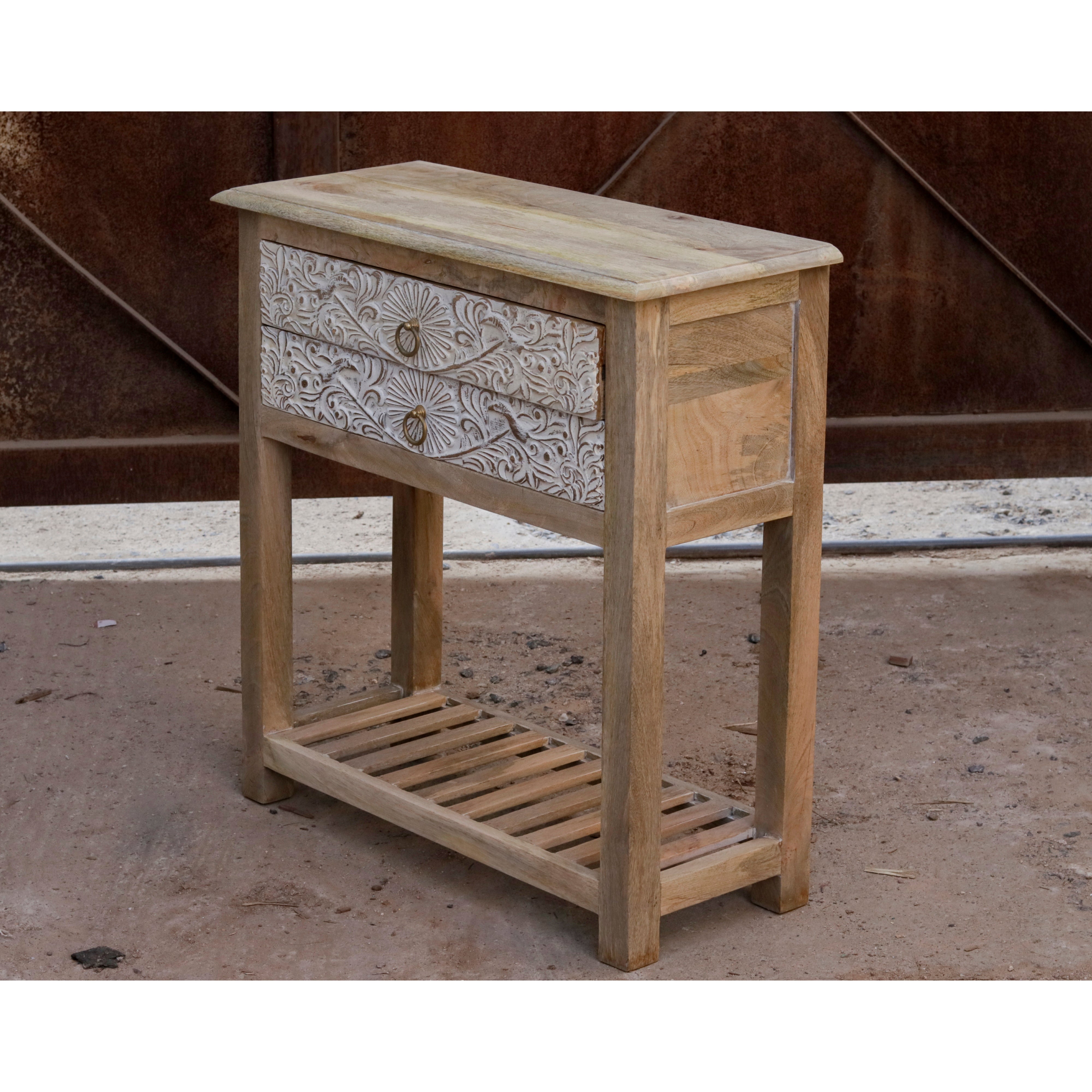 White Distressed Carved Double Drawer Wooden Handmade Drawer's Chest Drawer's Chest